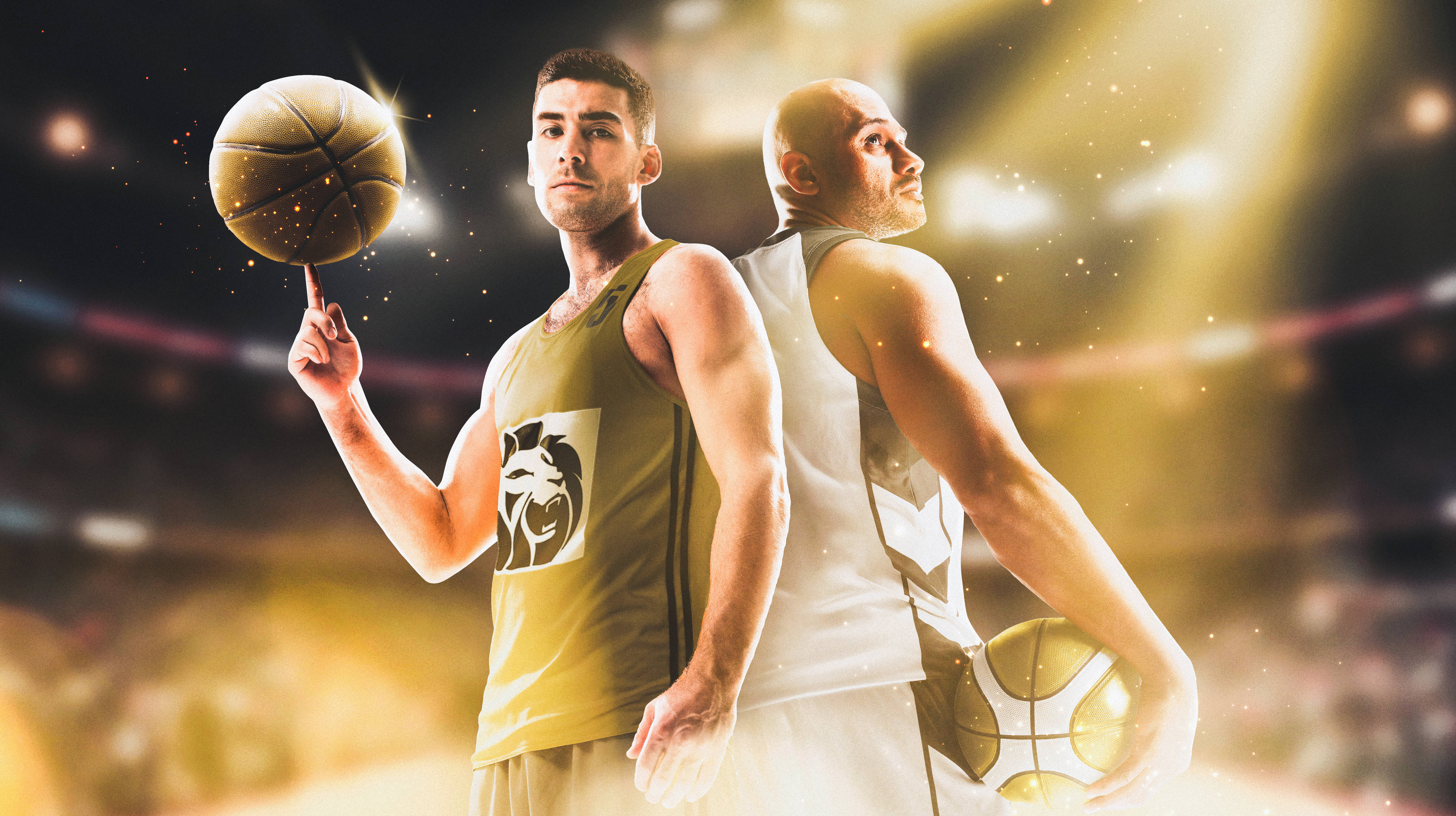 two basketball players stood back to back with one spinning the ball on his finger