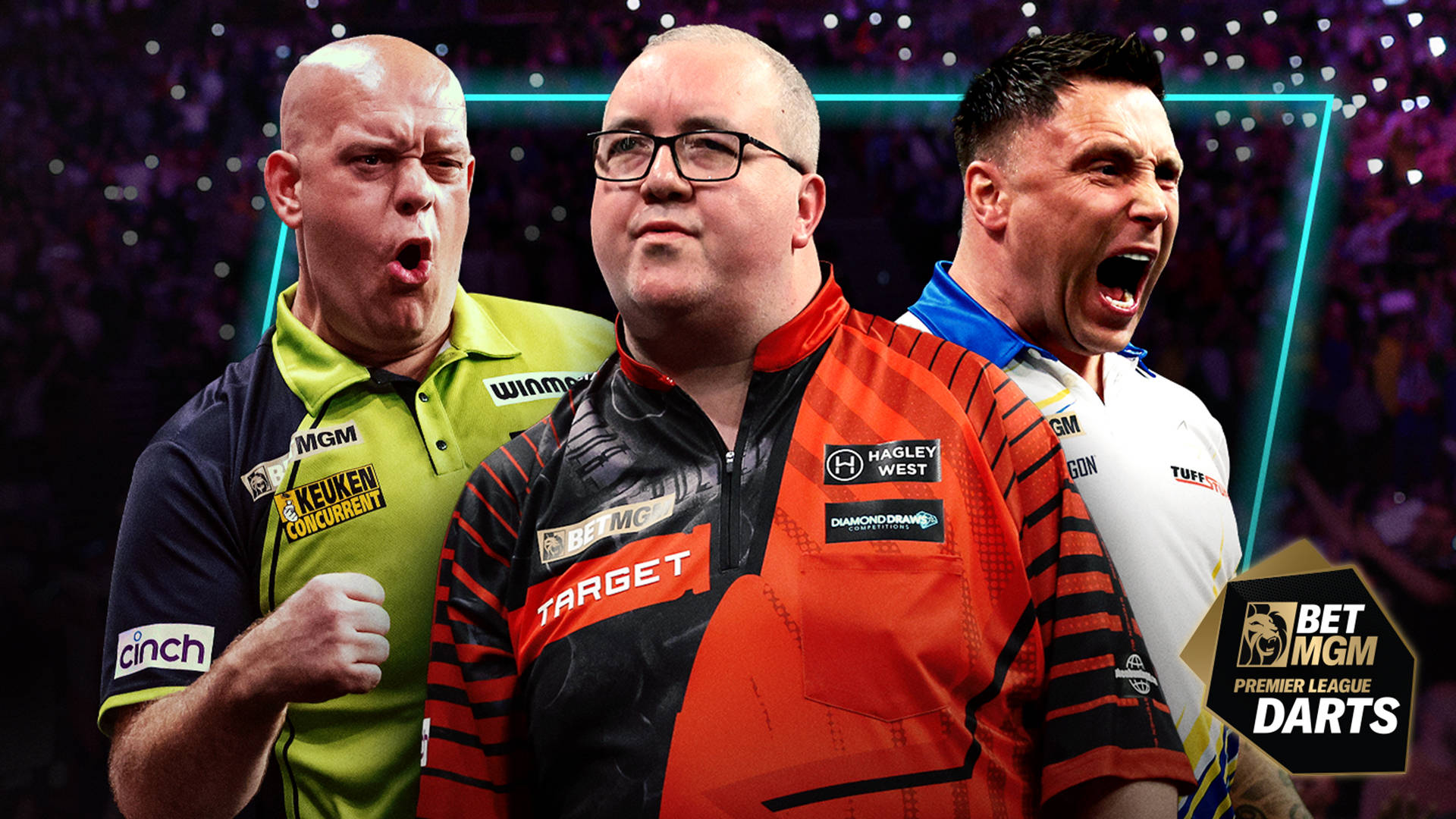 Three darts players celebrating a BetMGM Premier League Darts event.