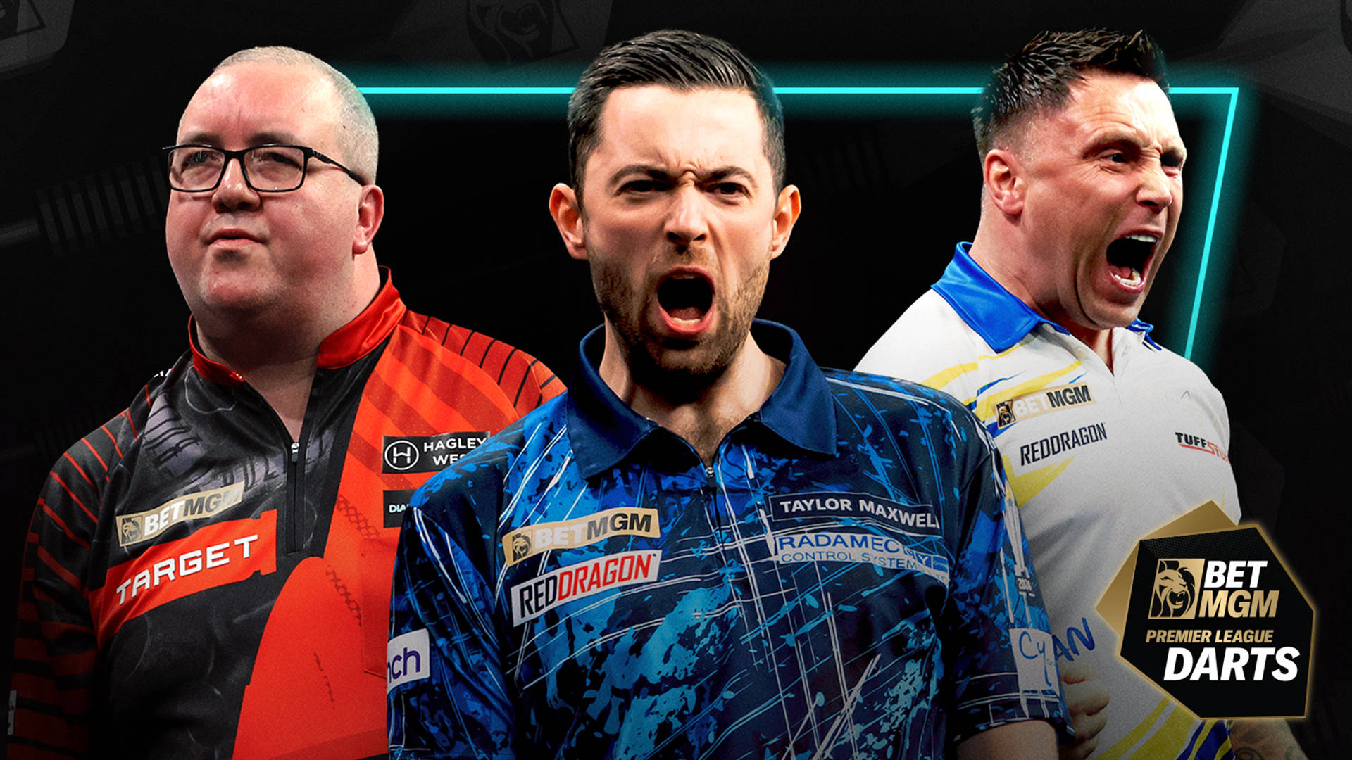 Three darts players celebrating a win, with the BetMGM Premier League Darts logo.