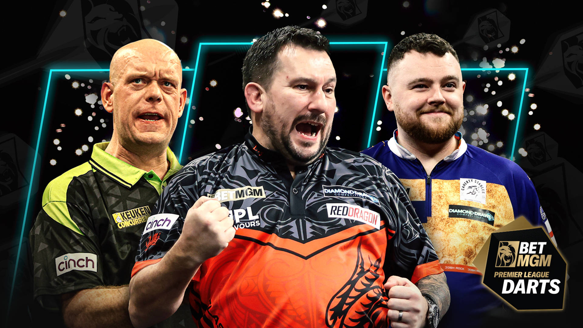 Three darts players celebrating at a BetMGM Premier League Darts event.