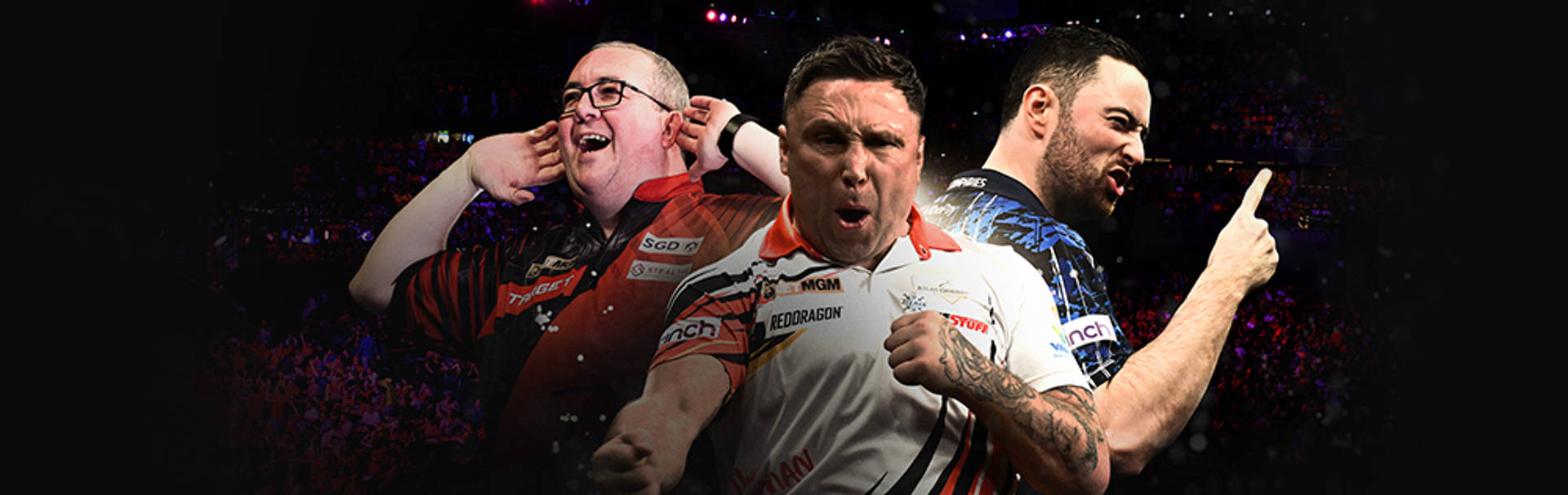 BetMGM Premier League Darts logo on a blurred background of a darts event.