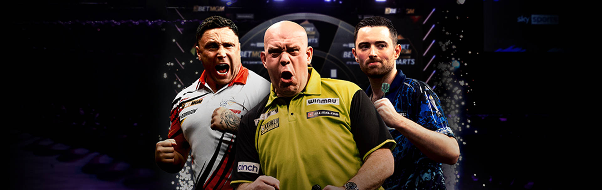 BetMGM Premier League Darts logo on a blurred background of a darts event.