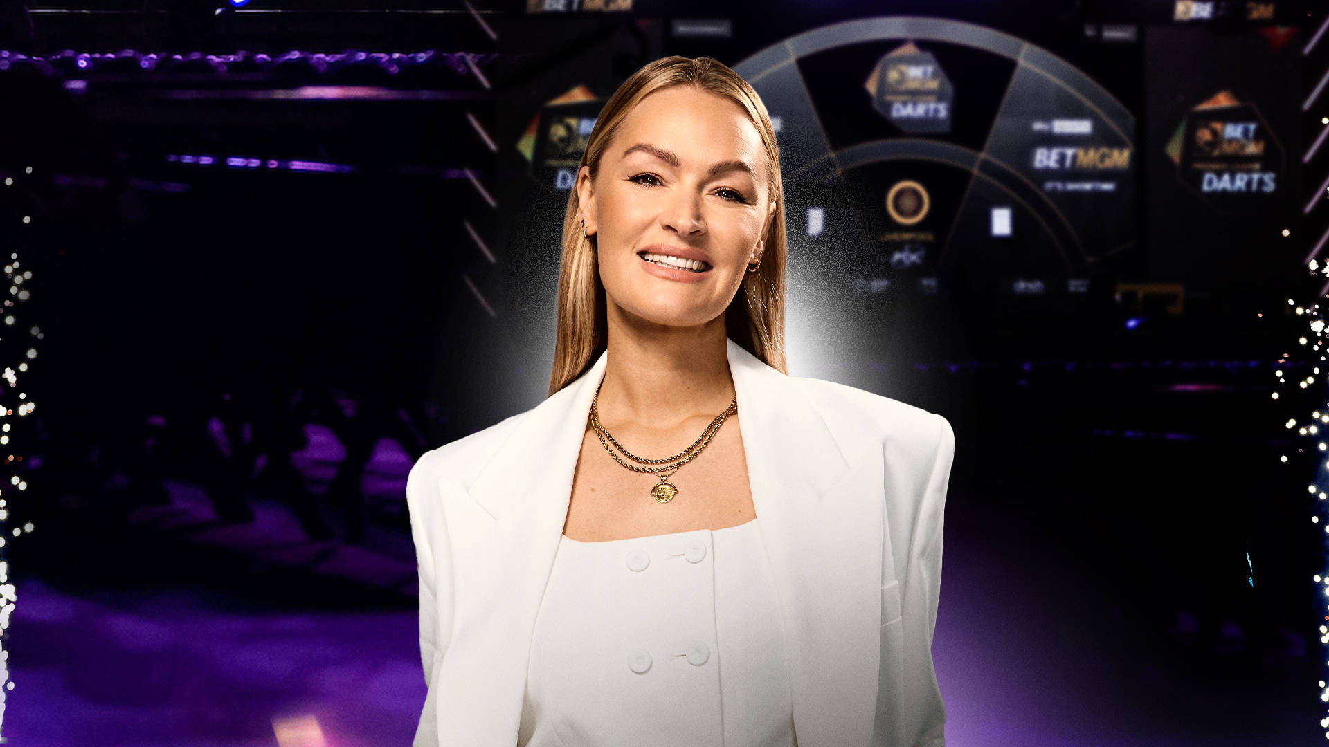 Laura Woods with BetMGM darts background