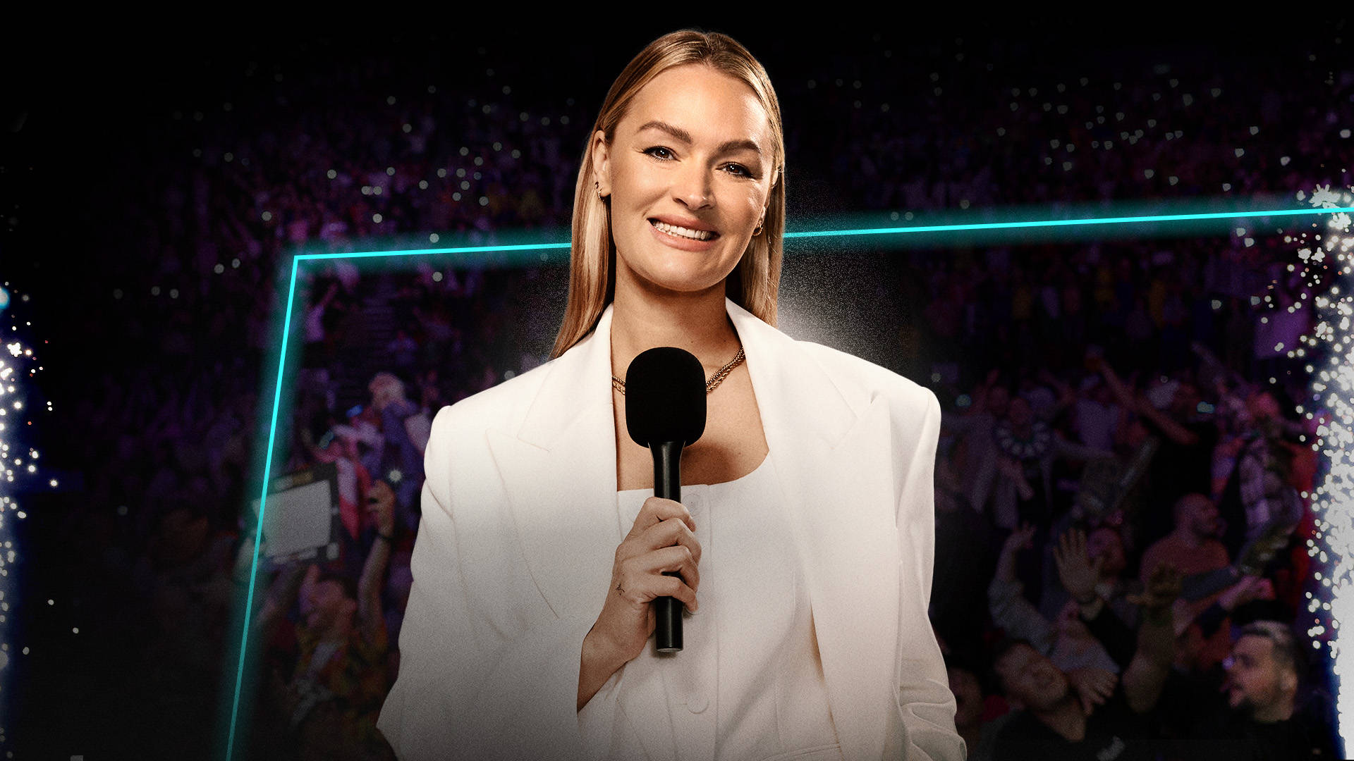 Laura Woods with a BetMGM darts background