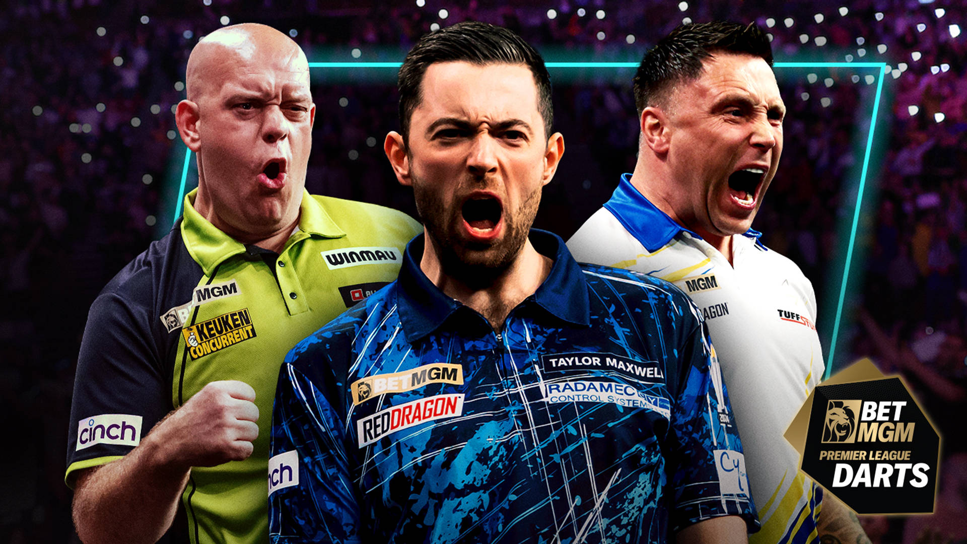 Three darts players, including BetMGM Premier League Darts logo, with a dartboard in the background.