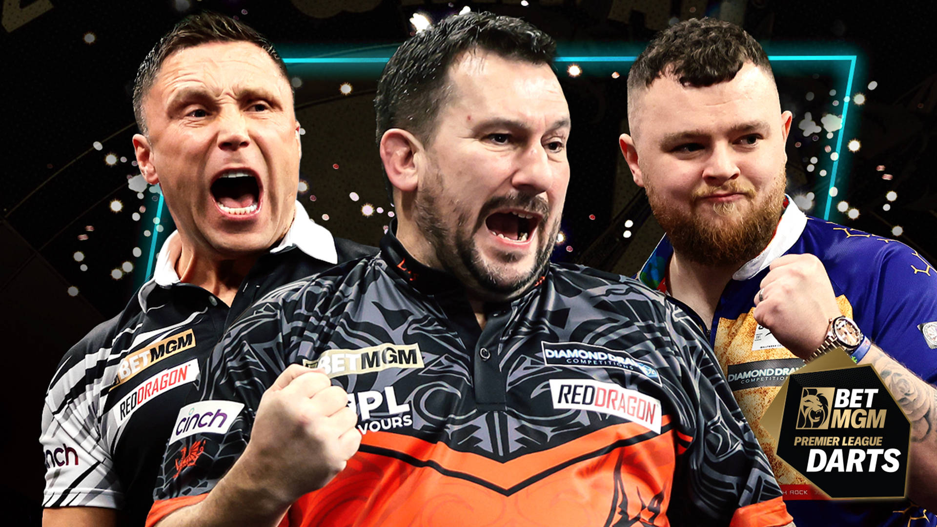 Three darts players celebrating a win, with the BetMGM Premier League Darts logo.