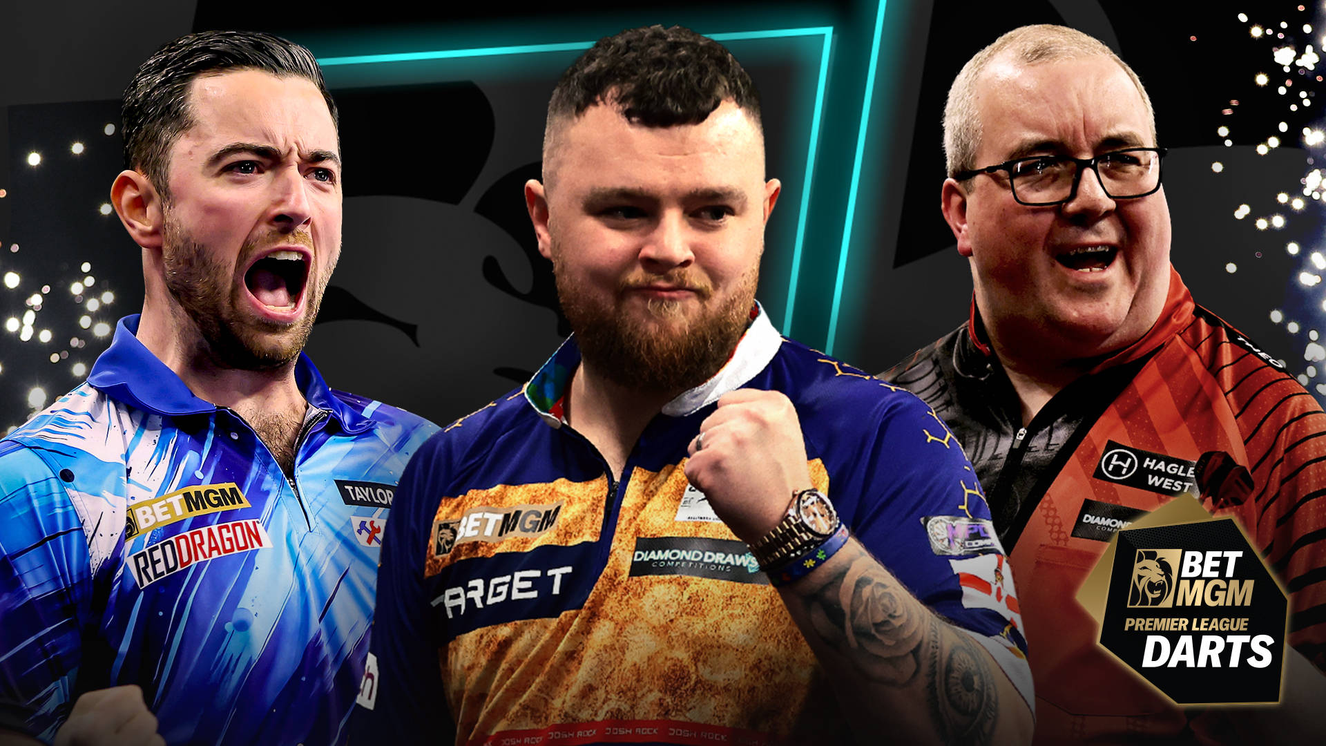 Three darts players celebrating a win at the BetMGM Premier League Darts event.