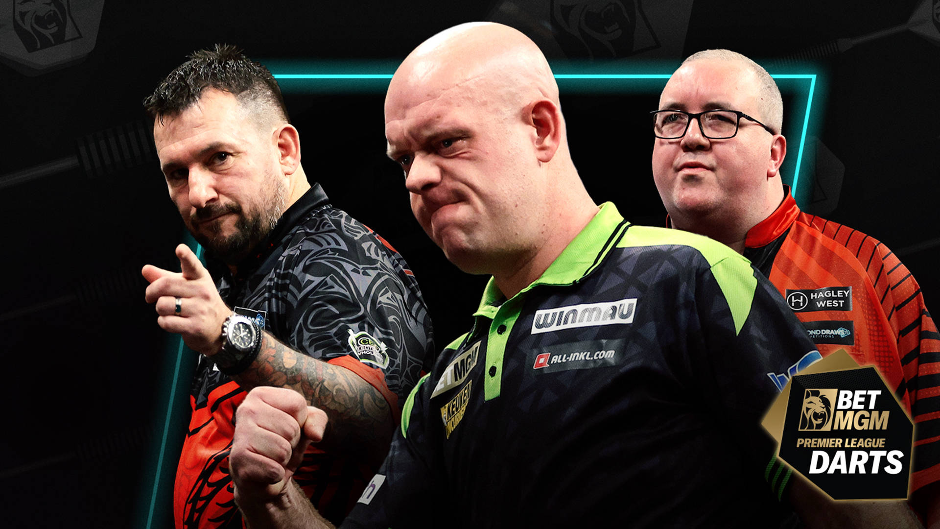 Three darts players celebrating a BetMGM Premier League Darts match.