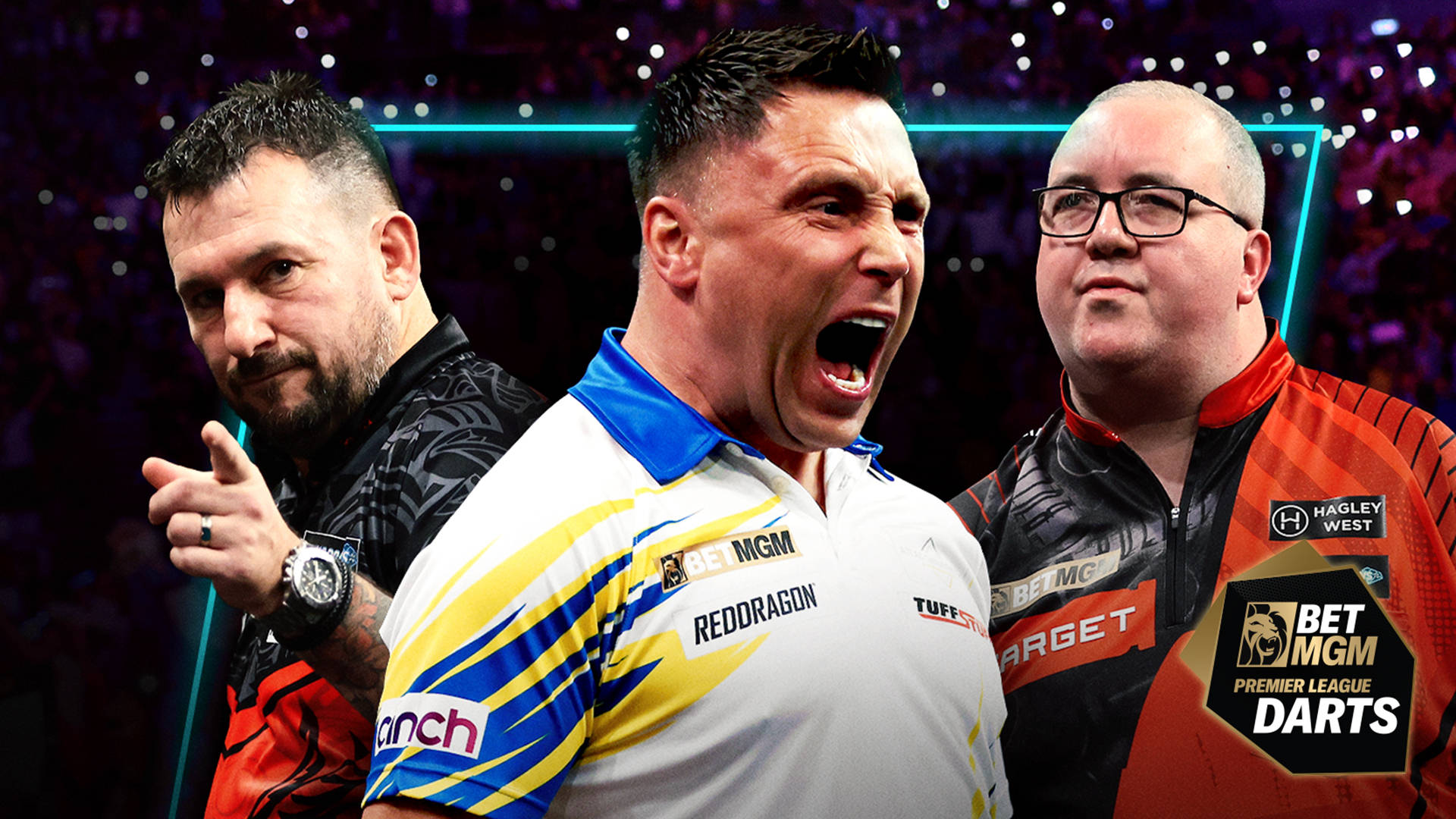 Three darts players celebrating a win at the BetMGM Premier League Darts event.