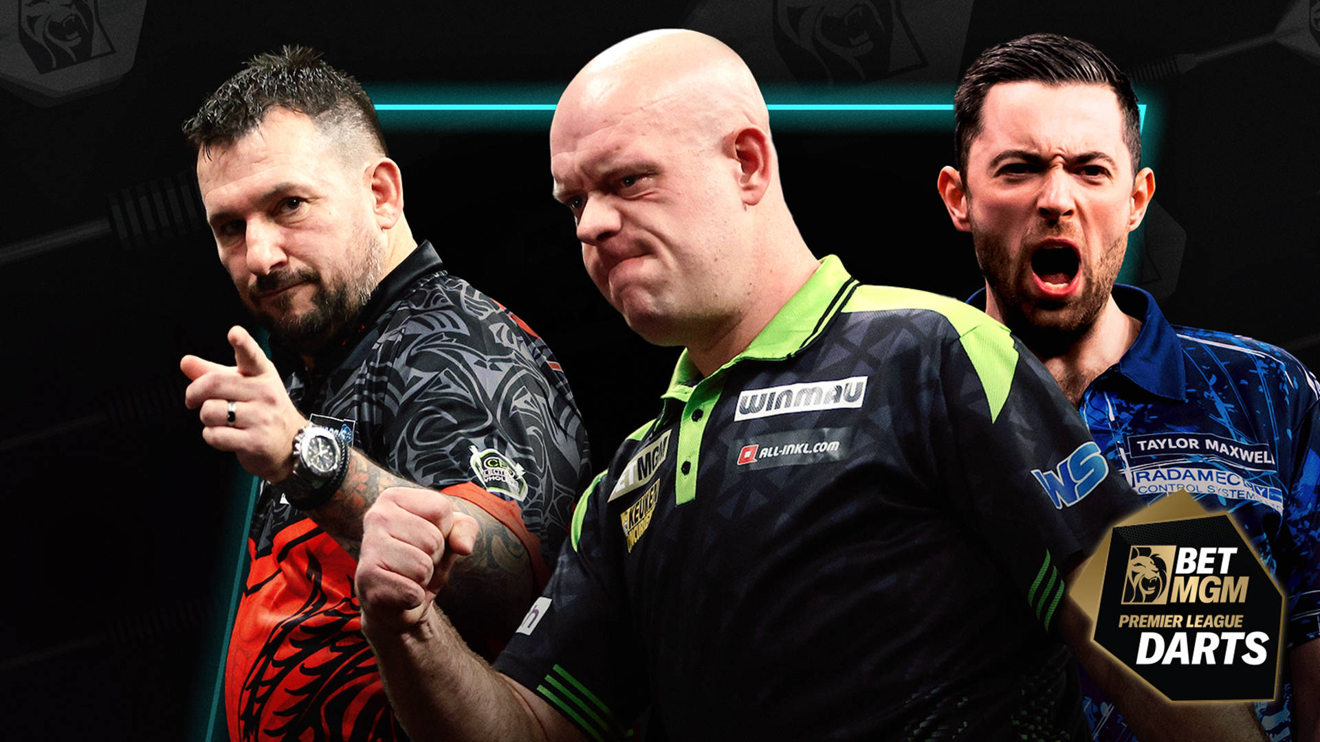 Three darts players celebrating a win, with the BetMGM Premier League Darts logo.