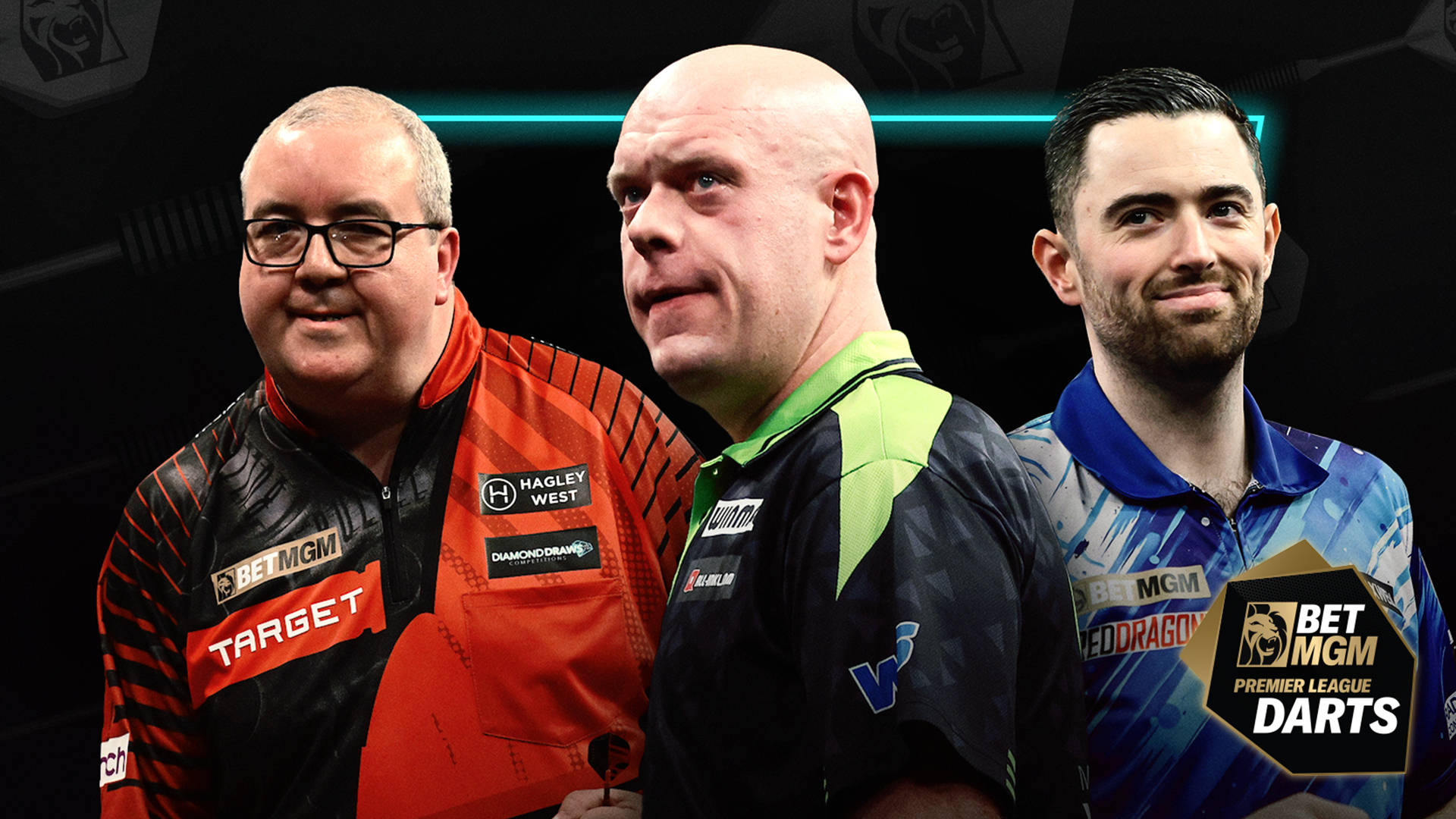 Three darts players celebrating a win at the BetMGM Premier League Darts event.