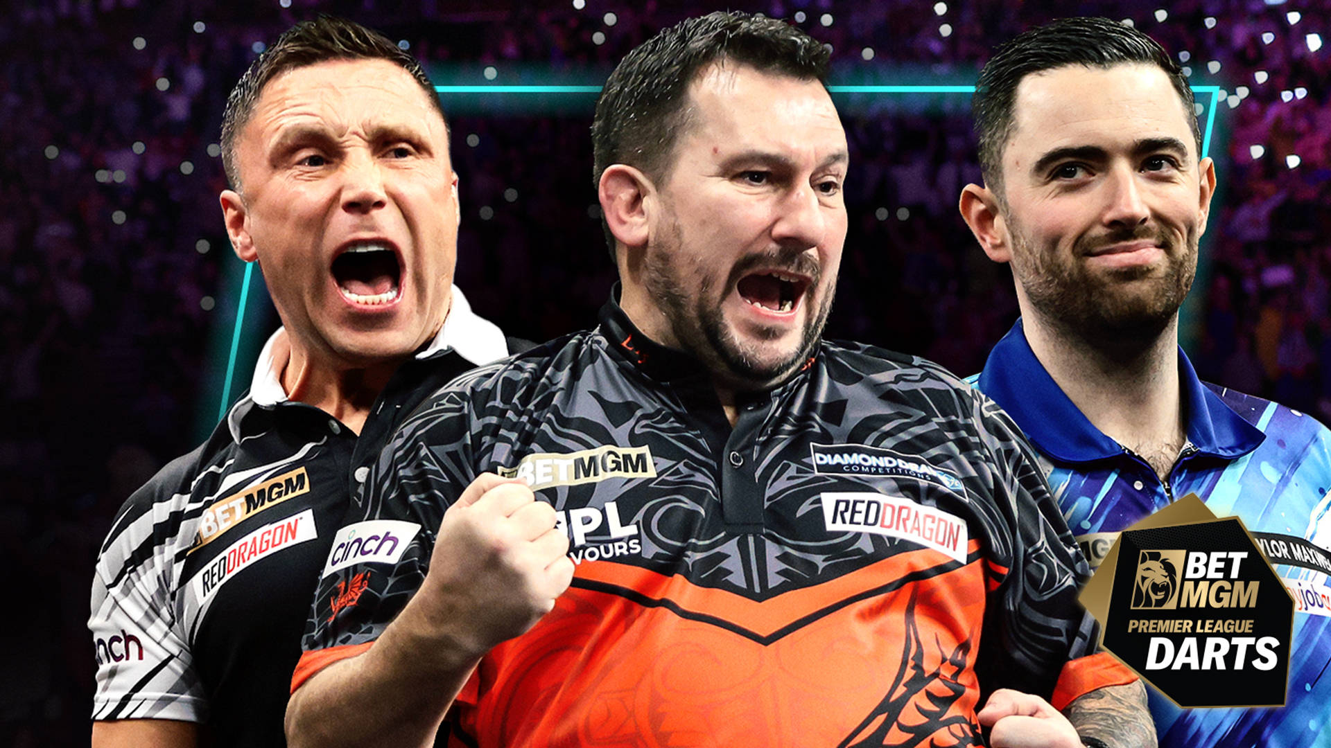 Three darts players celebrating a BetMGM Premier League Darts win.