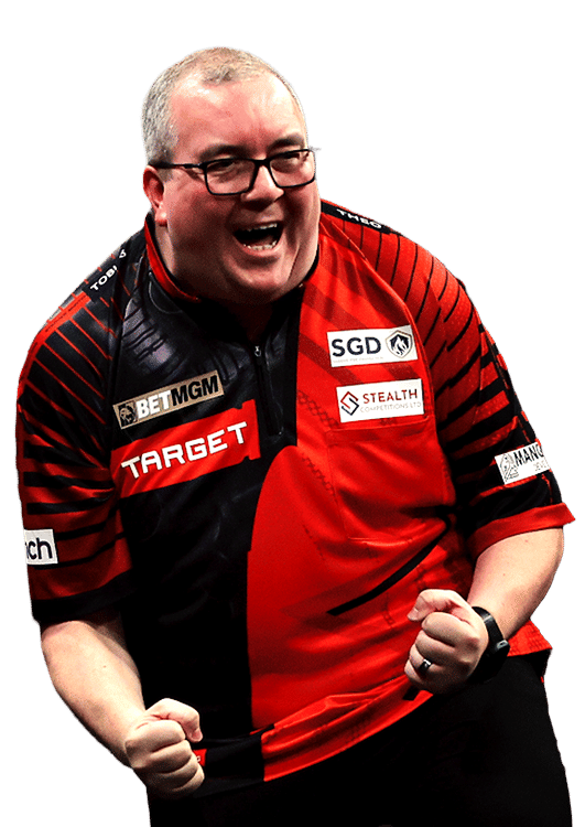 A darts player in a red and black shirt celebrating a win.