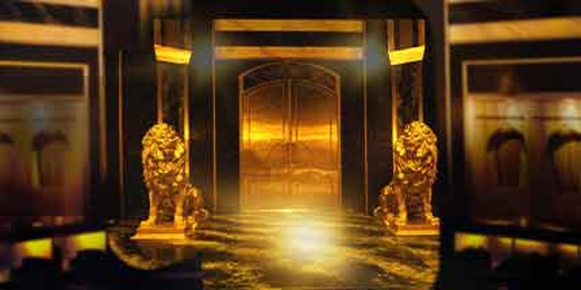 Golden lion statues flank a gold door