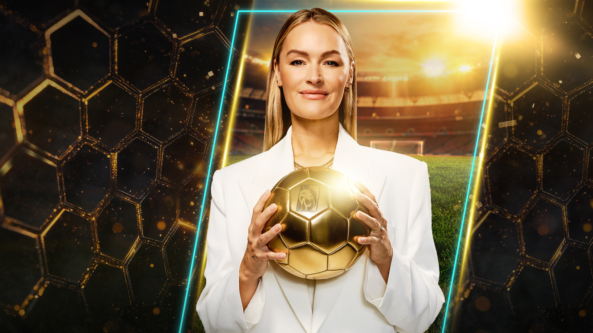 Laura Woods posing with golden football in front of a BetMGM background