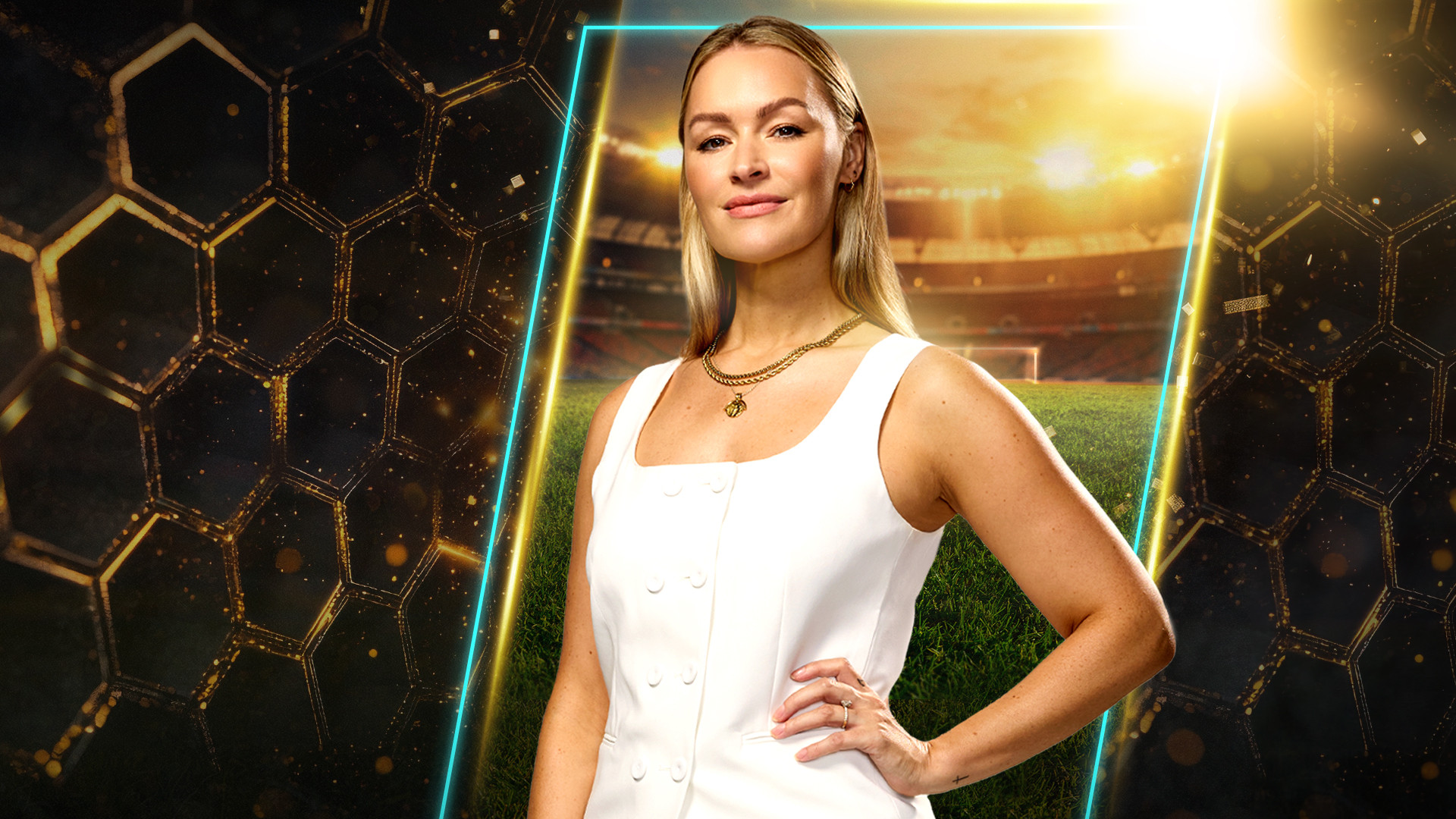 Laura Woods in front of a gold background and football pitch