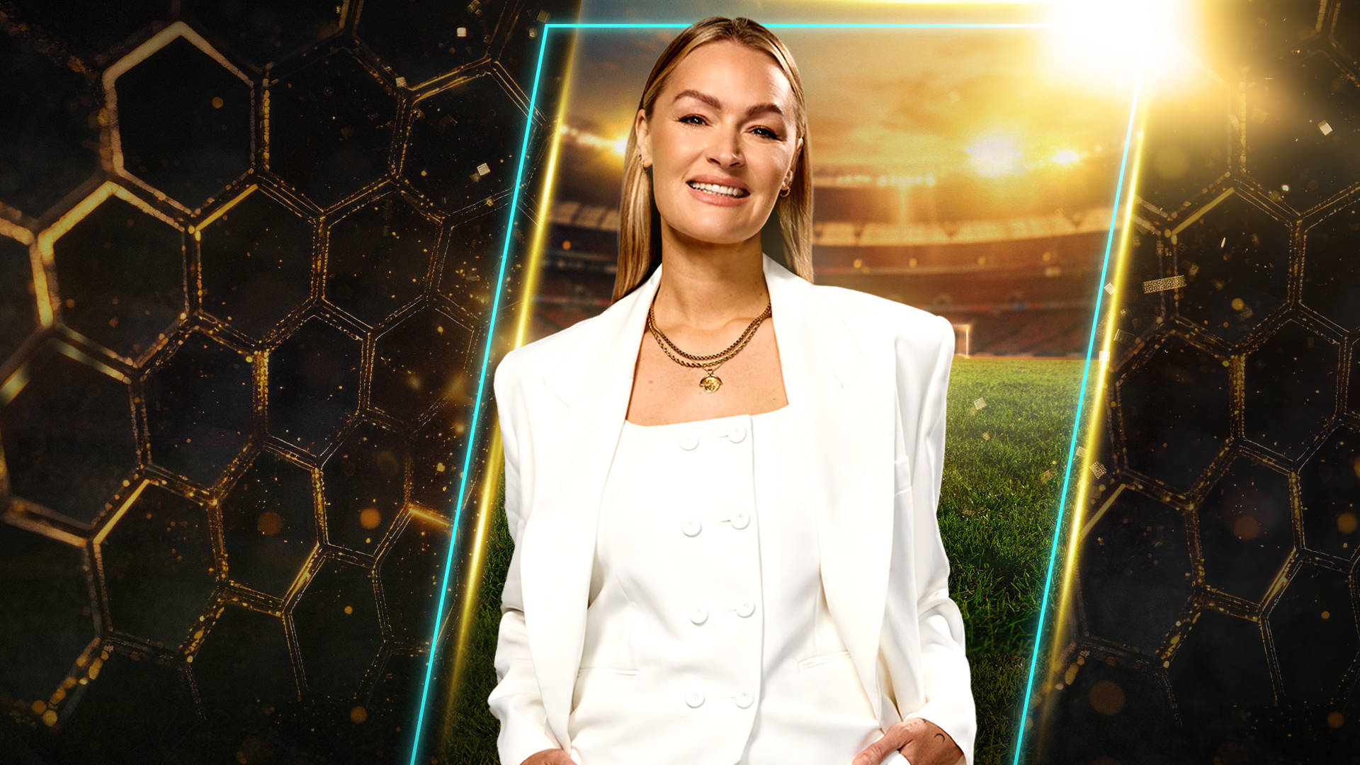 Laura Woods smiling in white suit