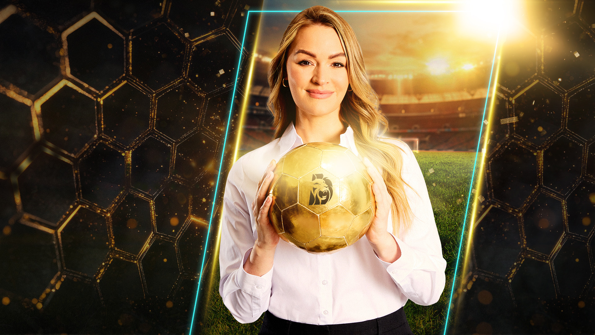 Laura Woods holding a golden football with a BetMGM logo