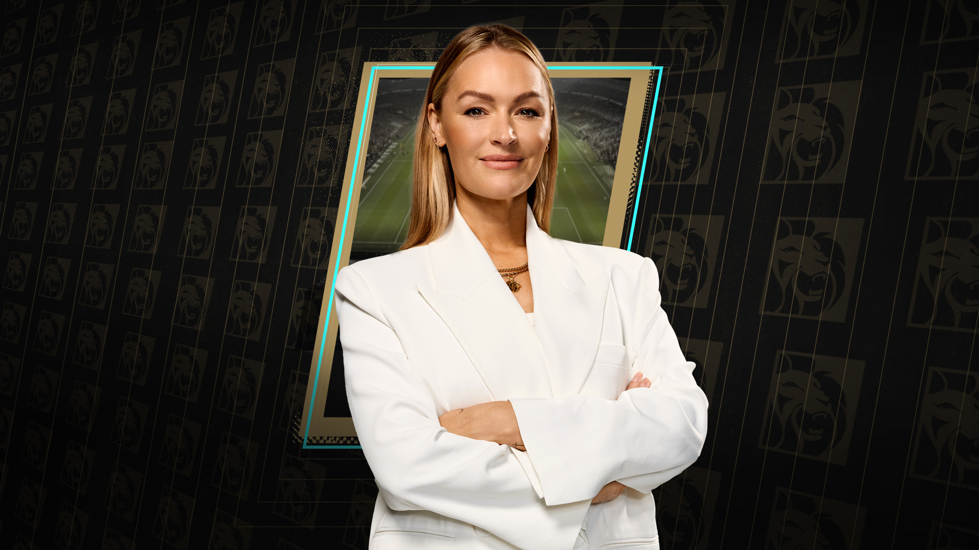Laura Woods in a white suit with arms folded