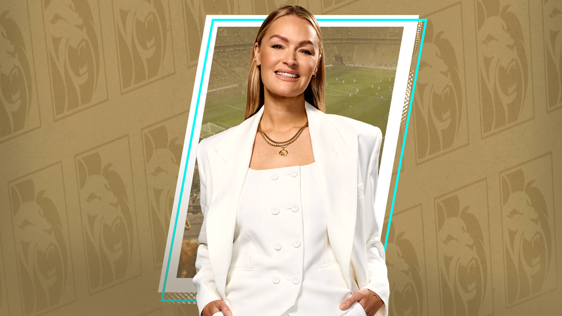 Laura Woods smiling with a gold BetMGM background