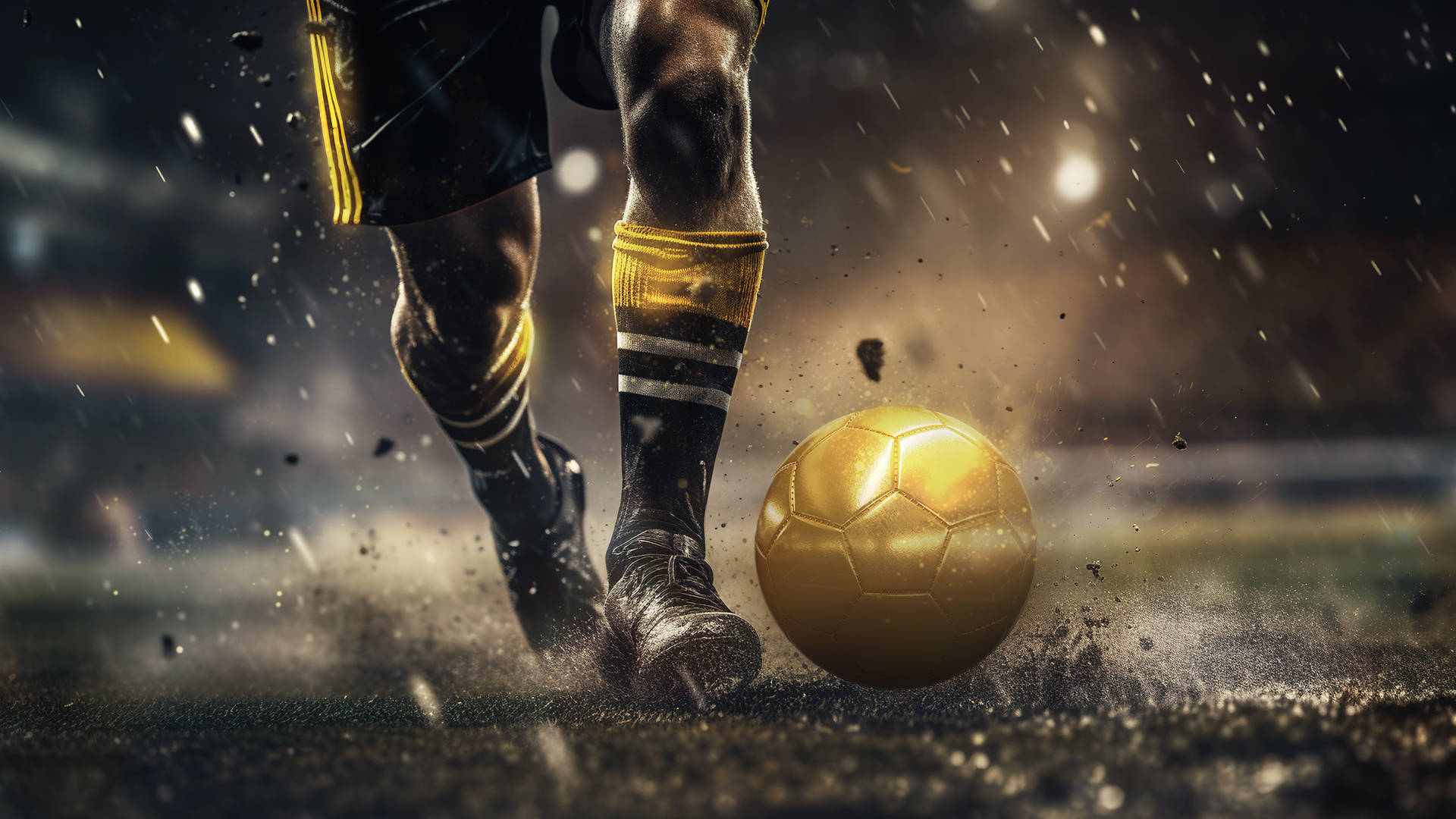 Footballers feet while dribbling golden football