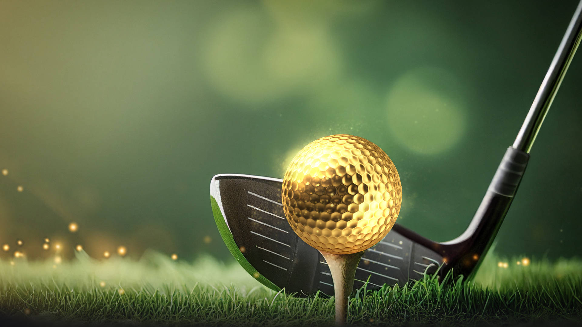 Gold golf ball on tee ready to be hit