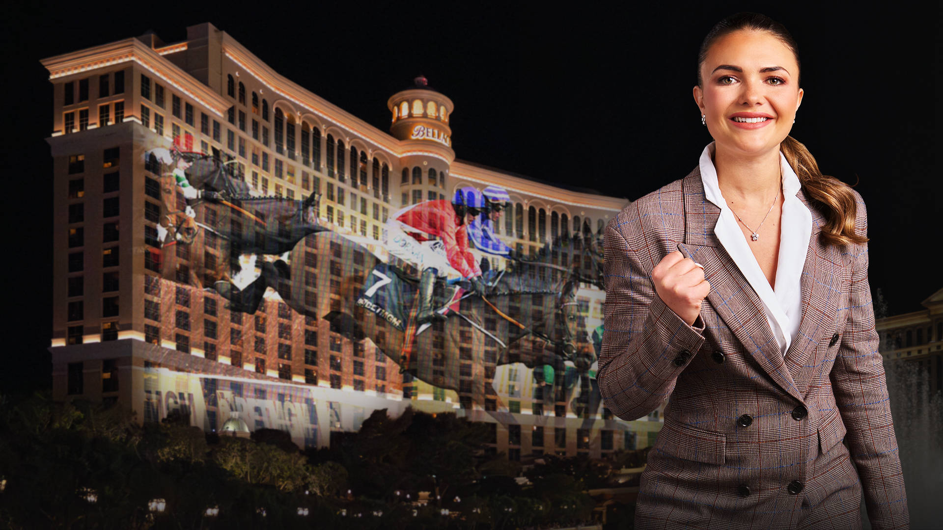 Megan Nicholls in front of the Bellagio