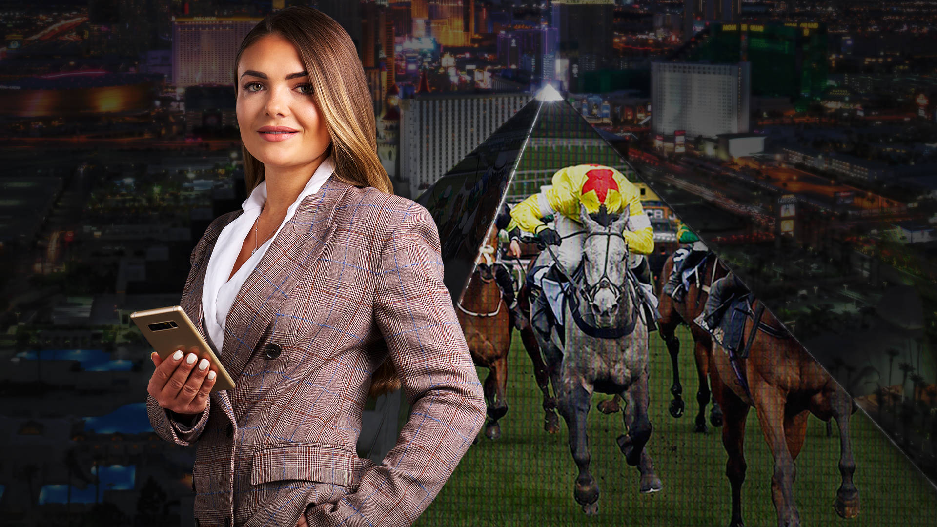 Woman with phone in front of a building showing horse racing