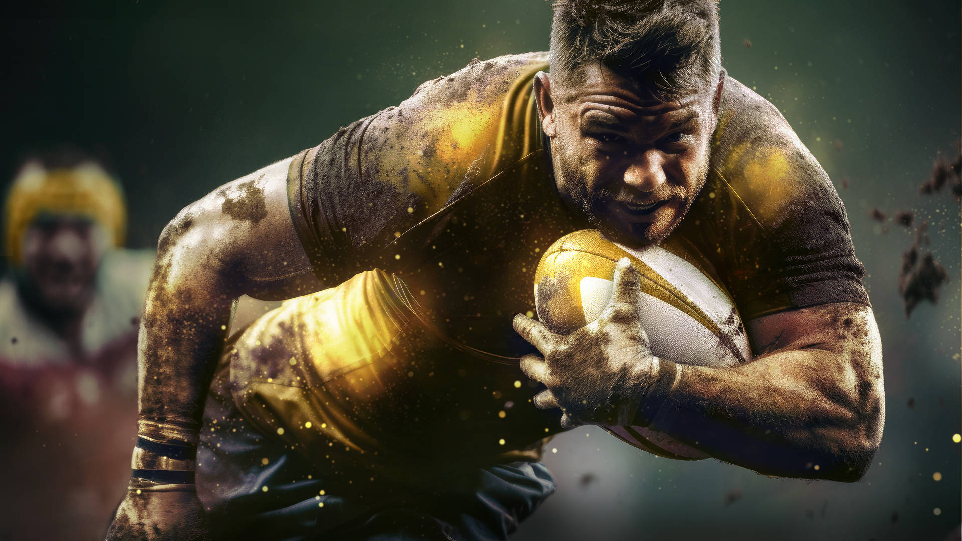 Rugby player in black and gold kit carrying rugby ball