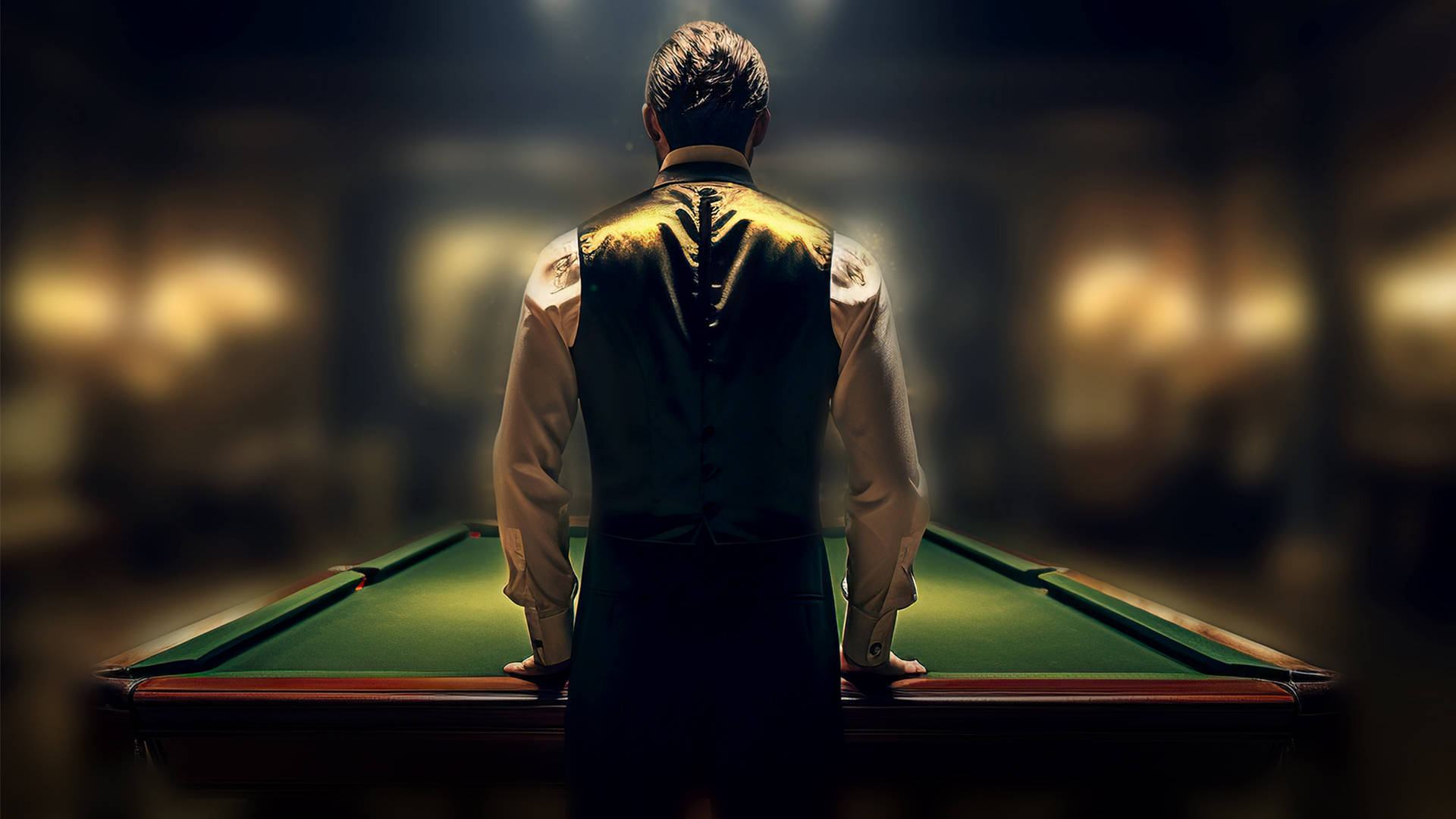 Snooker player stands over table