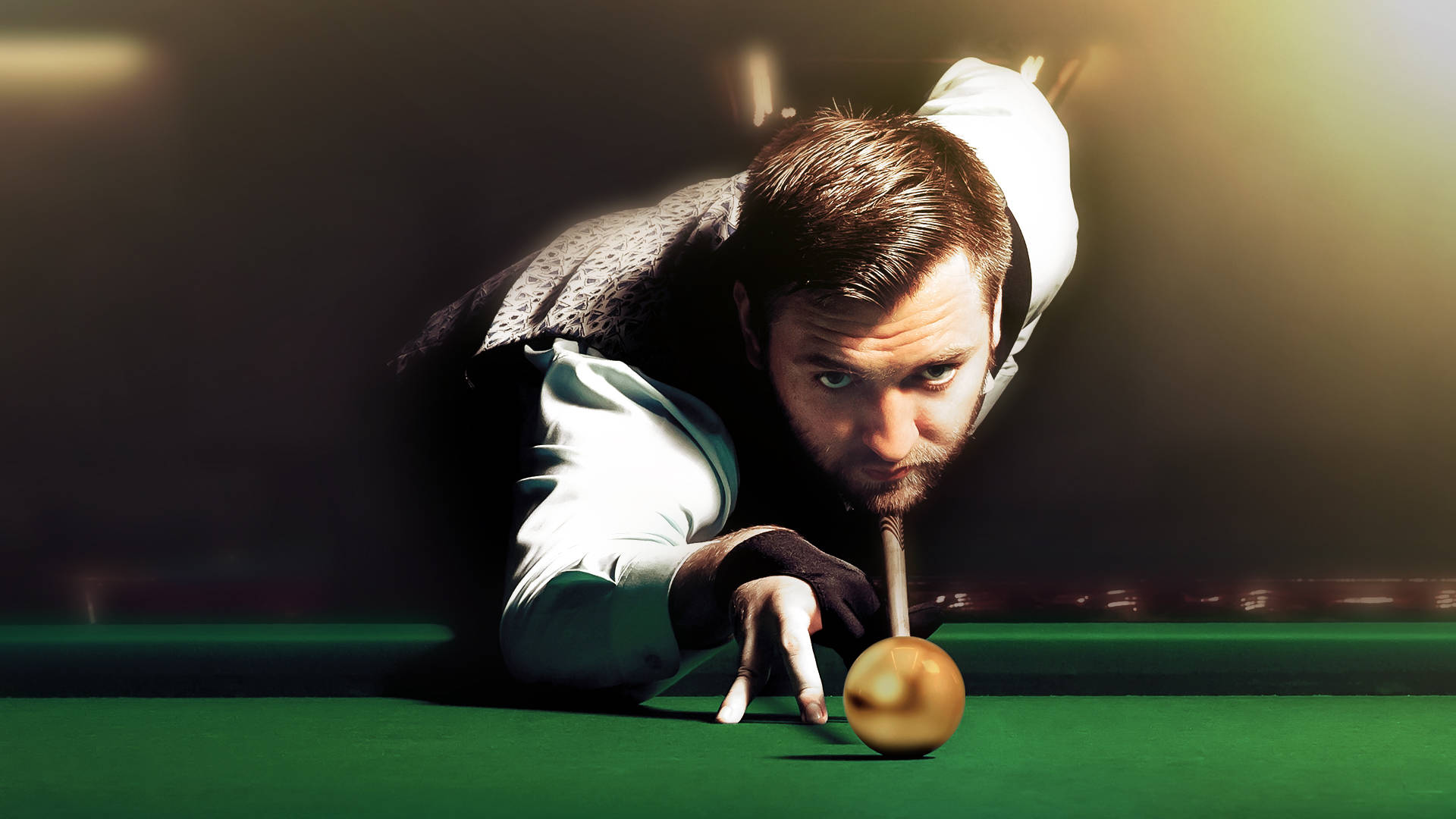 A snooker player preparing to break