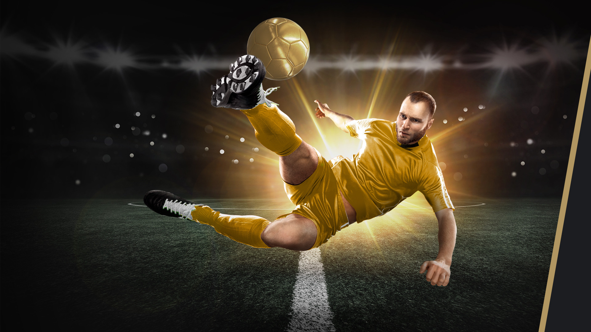 A footballer in yellow kit performs a bicycle kick on a floodlit pitch, striking a golden football.