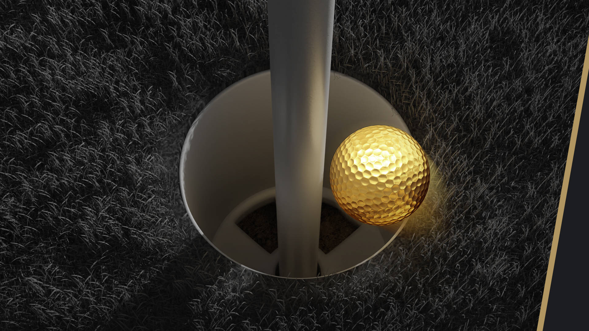 Golden golf ball near the hole on a golf course.
