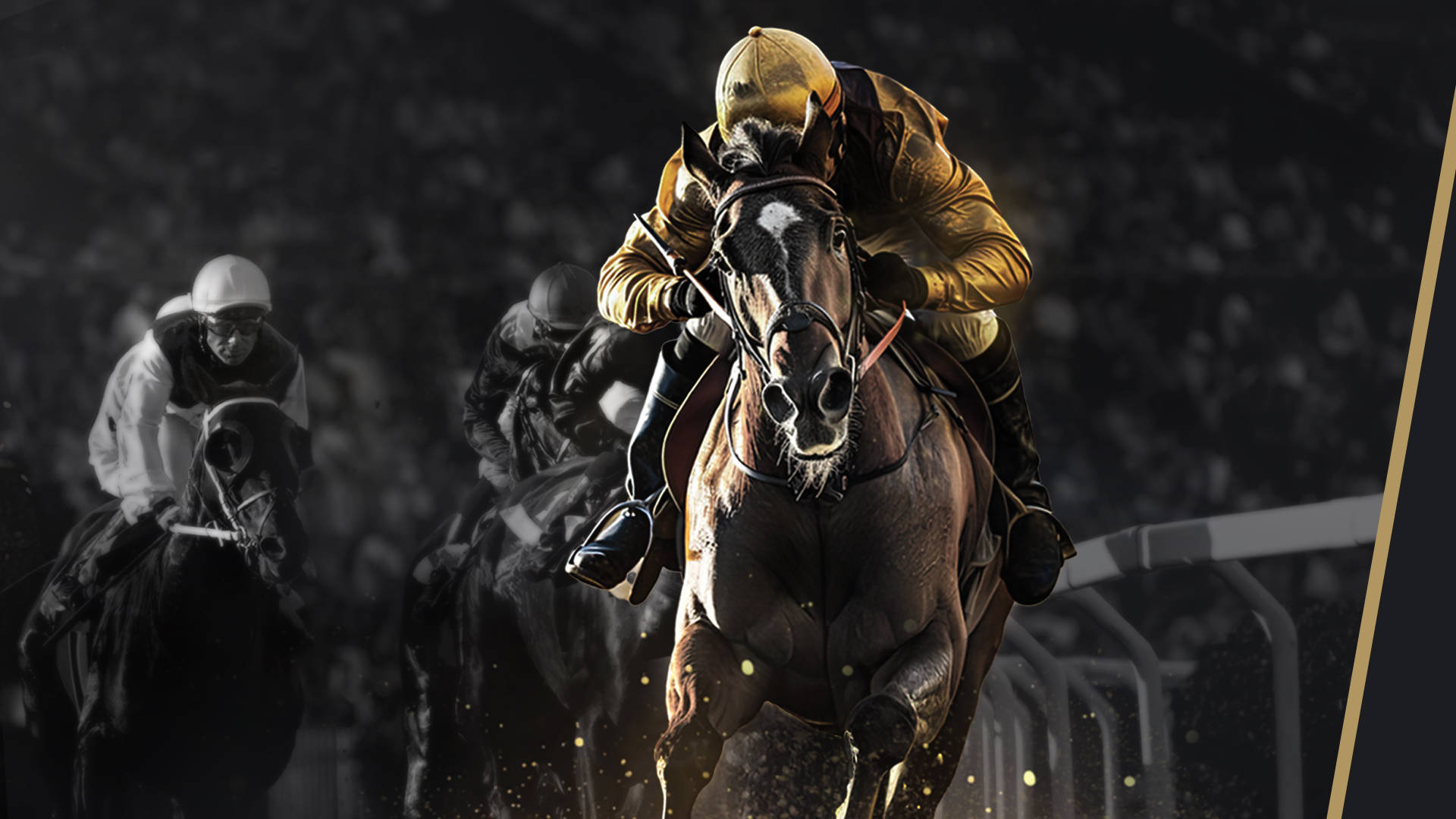 Horse race with jockeys in gold and white silks competing on a dark track.