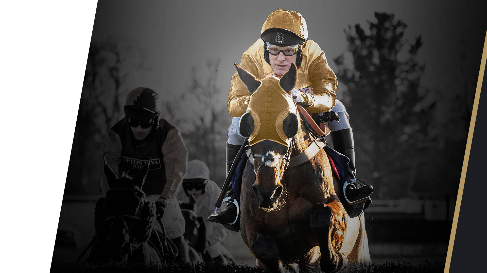 A horse race with a jockey in gold silks jumping a hurdle.