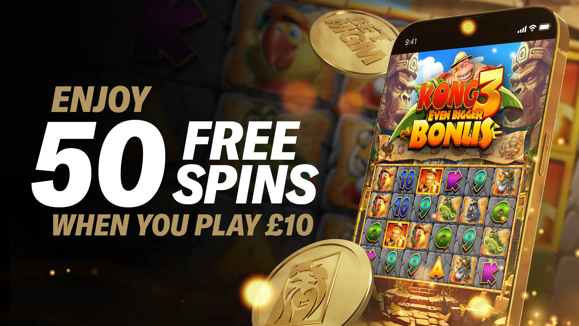 Enjoy 50 Free Spins when you play £10 on the Kong 3 Even Bigger Bonus slot game on a mobile phone.