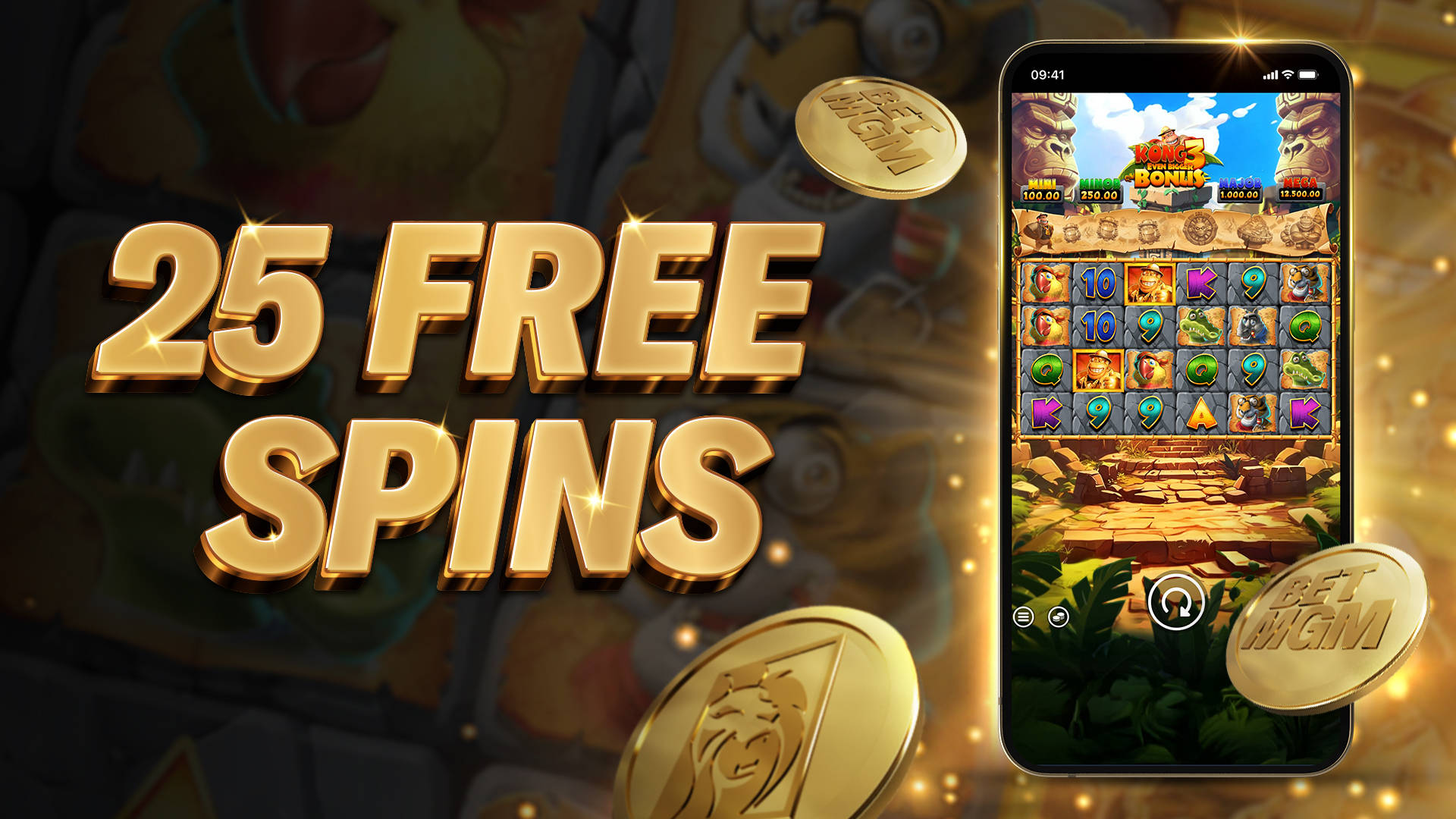 25 Free Spins promotion for a slot game on a mobile phone.