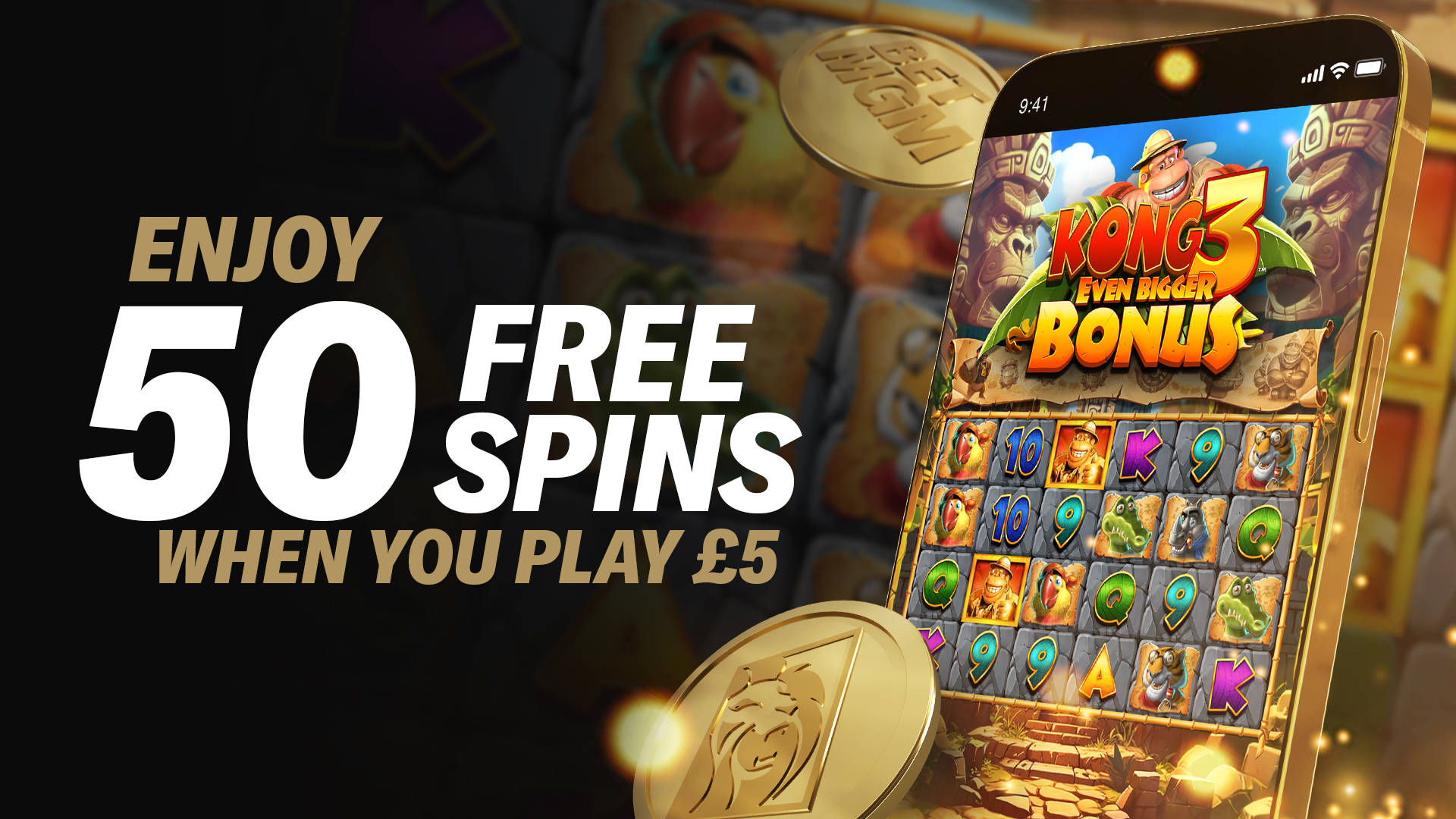 Enjoy 50 Free Spins when you play £5, featuring the Kong Even Bigger Bonus slot game on a mobile phone.