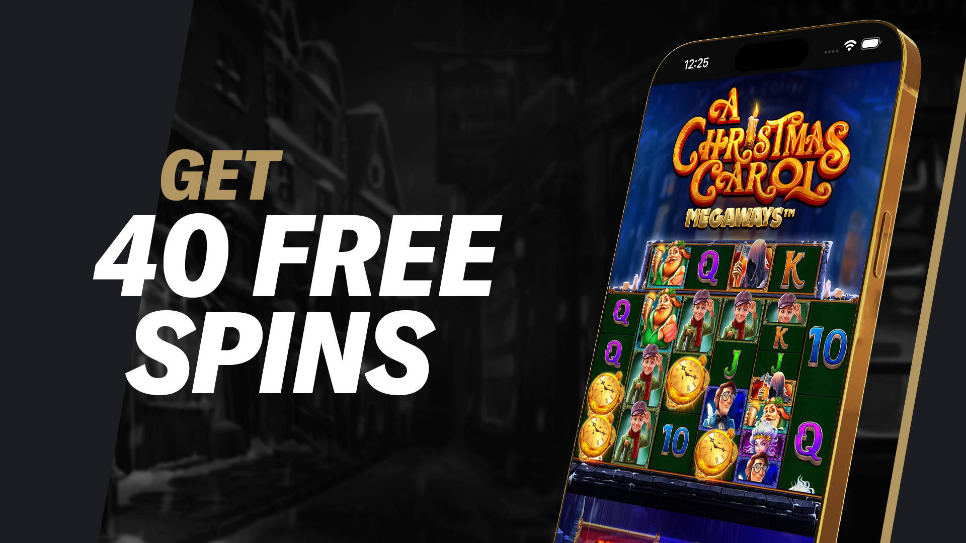 Get 40 Free Spins on A Christmas Carol Megaways slot game on a mobile phone.