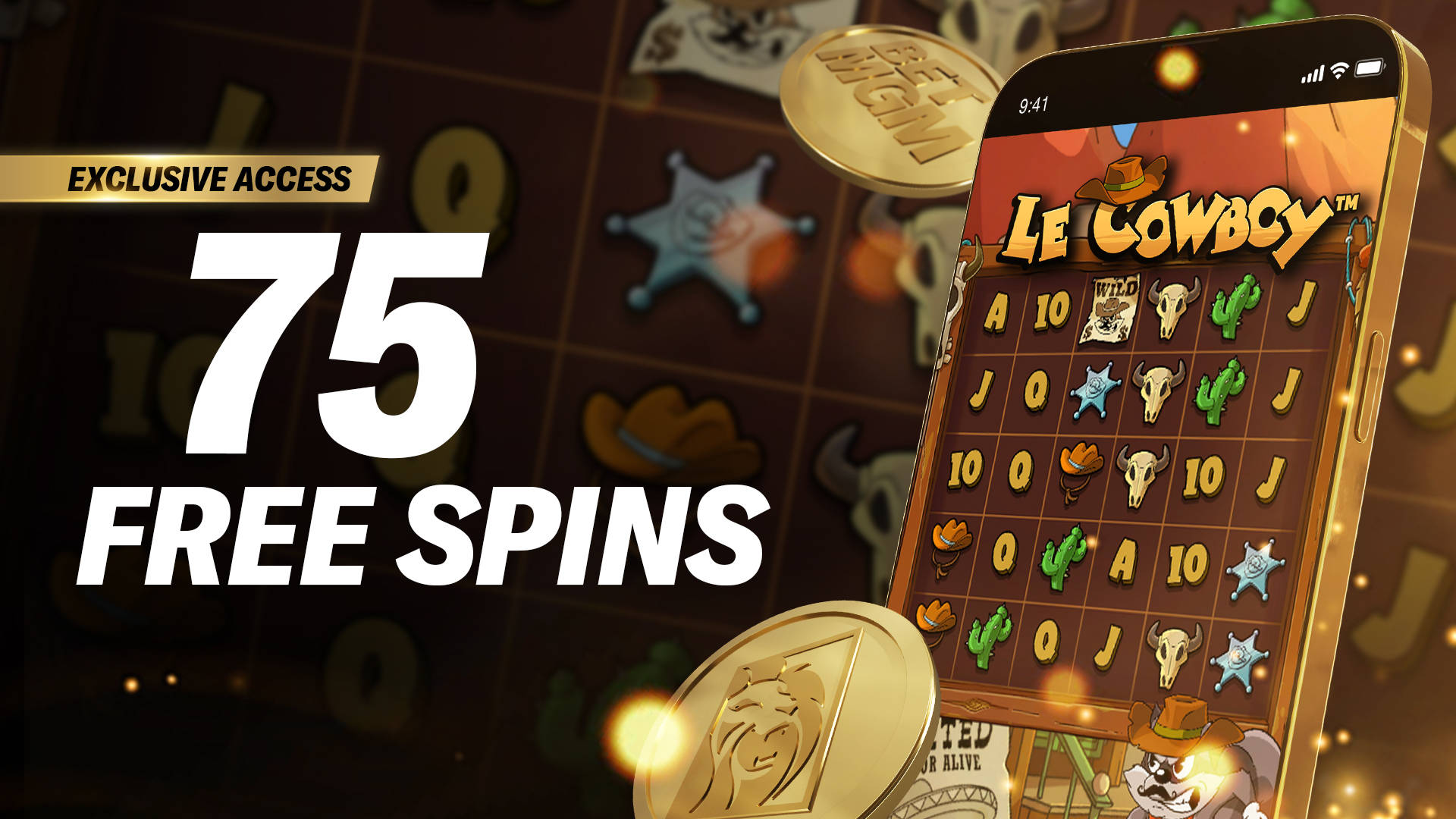 Exclusive Offer: 75 Free Spins on the Le Cowboy slot game, shown on a mobile phone screen.