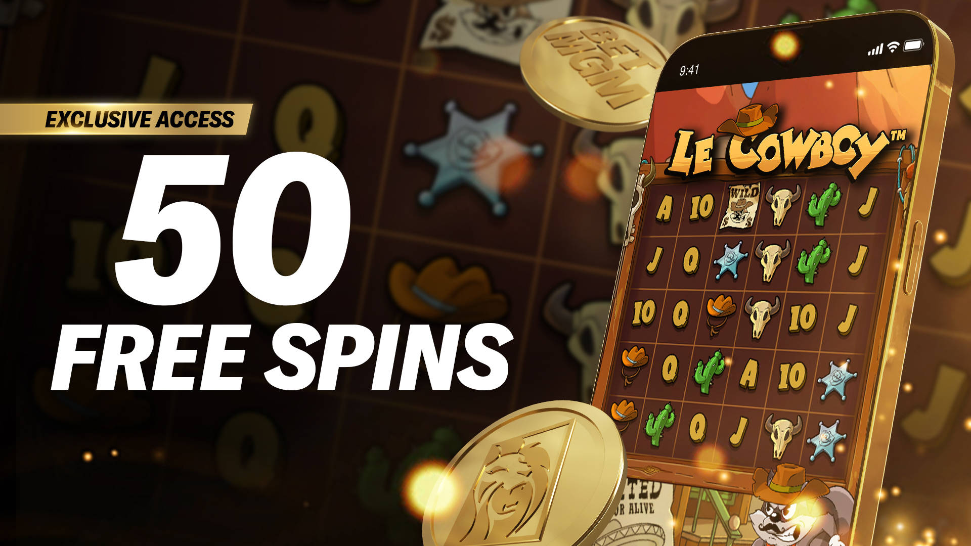 Exclusive Offer: 50 Free Spins on the Le Cowboy slot game, shown on a mobile phone screen.