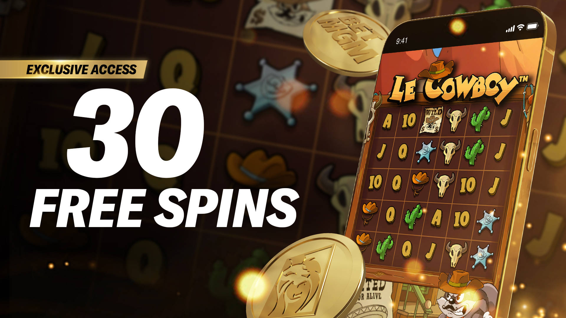 Exclusive Offer: 30 Free Spins on the Le Cowboy slot game, shown on a mobile phone screen.