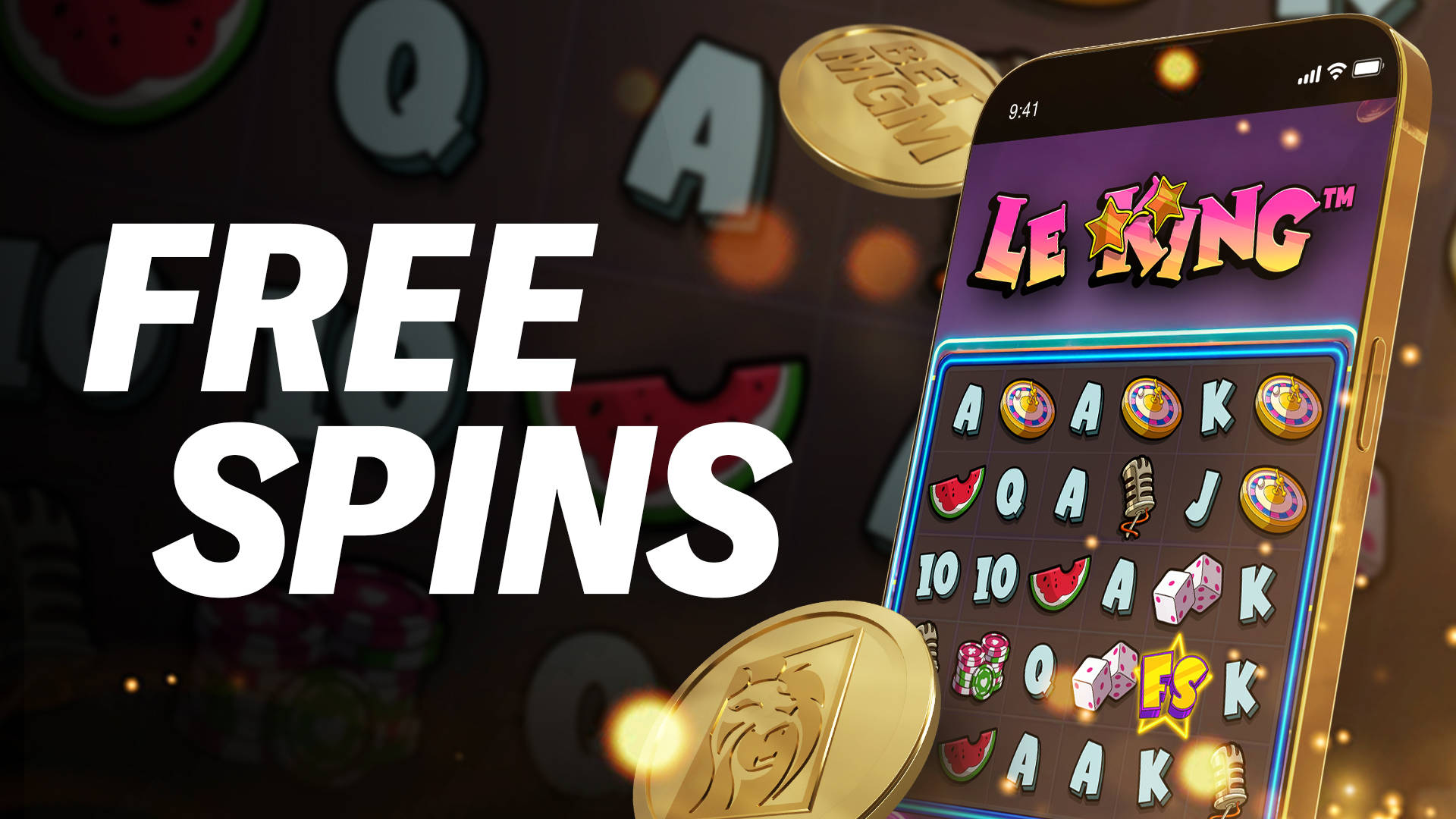 Free Spins promotion for the LeoKing slot game on a mobile device.