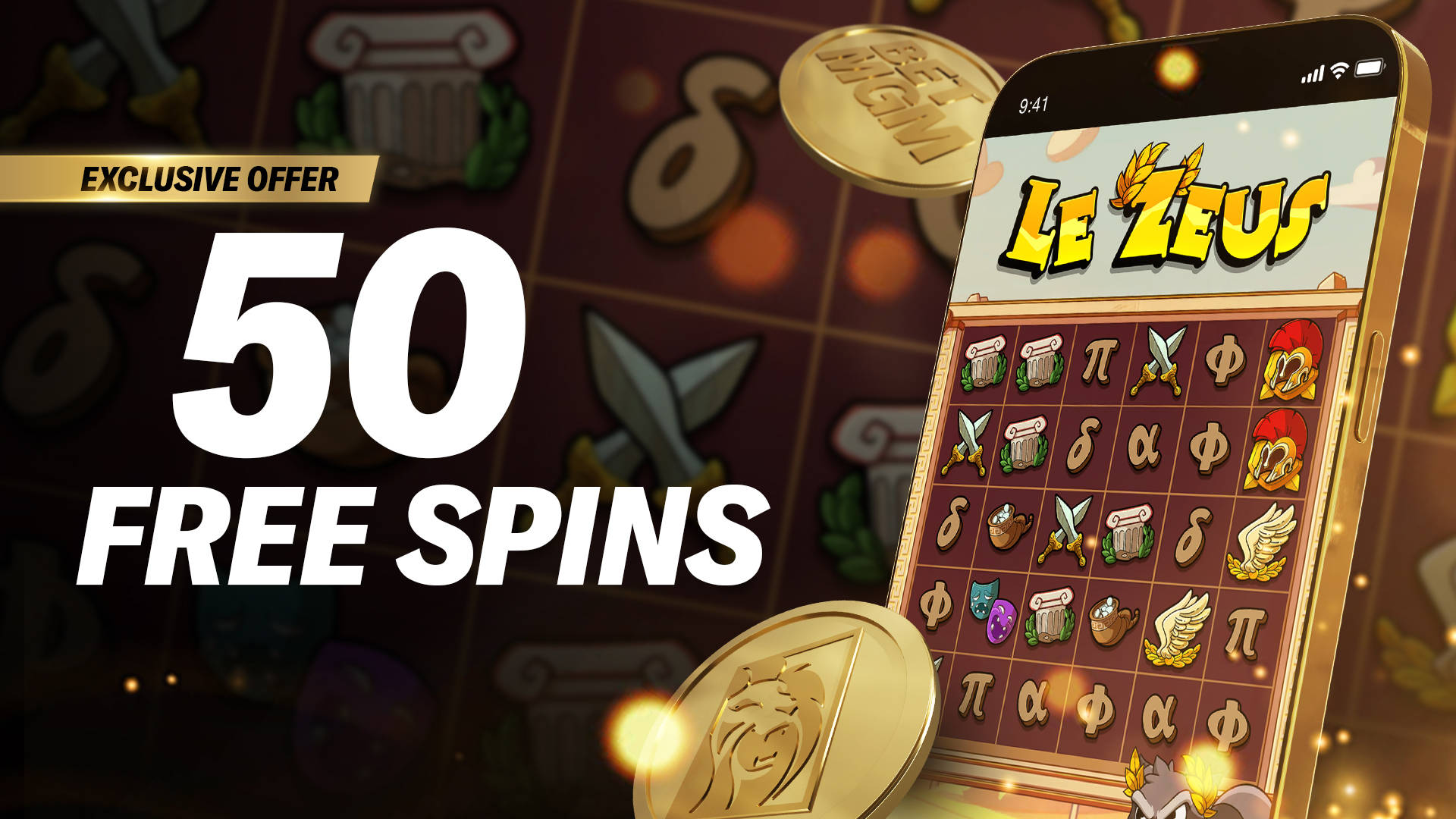 Exclusive Offer: 50 Free Spins on the Le Zeus slot game, shown on a mobile phone screen.