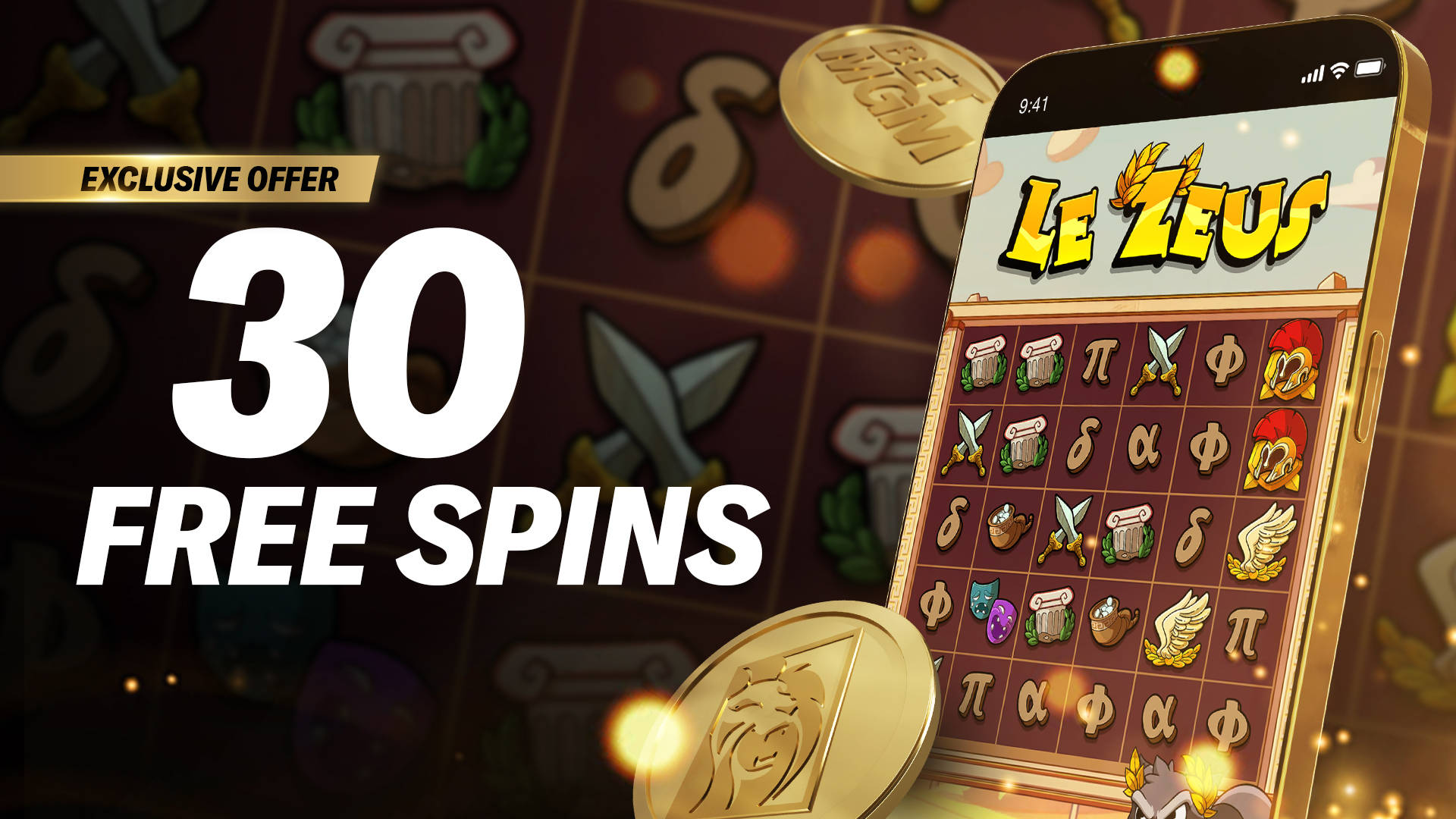 Exclusive Offer: 30 Free Spins on the Le Zeus slot game, shown on a mobile phone screen.