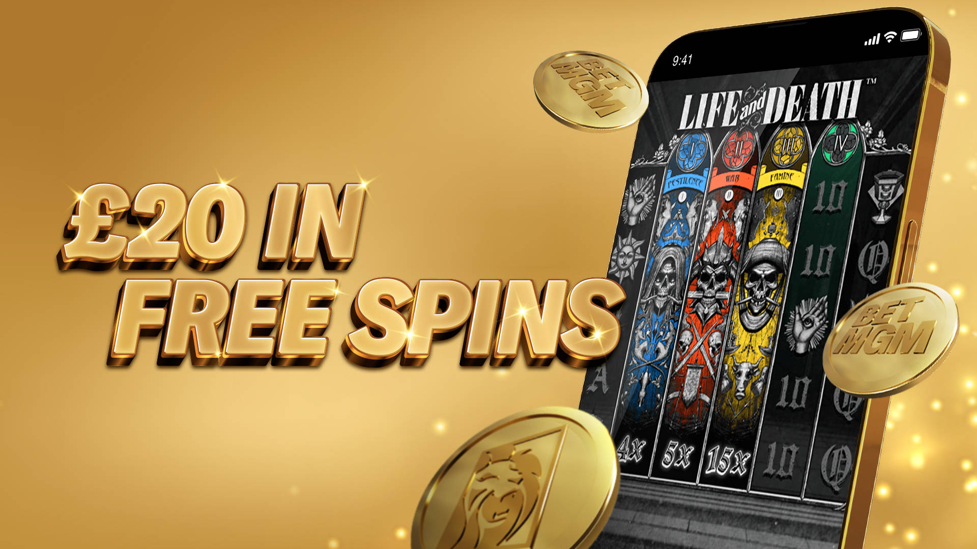 £20 in Free Spins offer on a mobile slot game, Life and Death, with BetMGM branding.