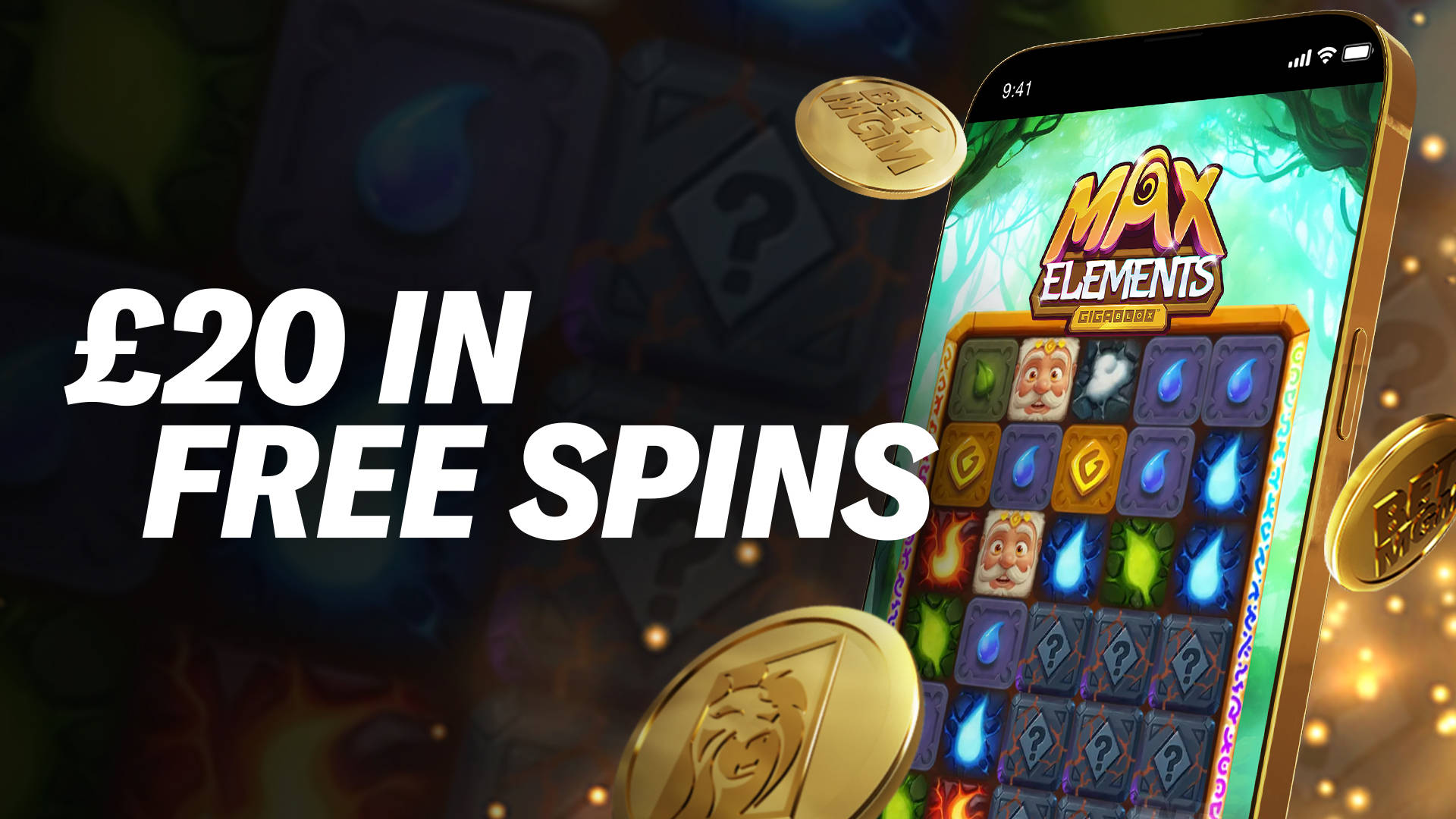 £20 in Free Spins offer on a mobile phone displaying the Max Elements slot game.