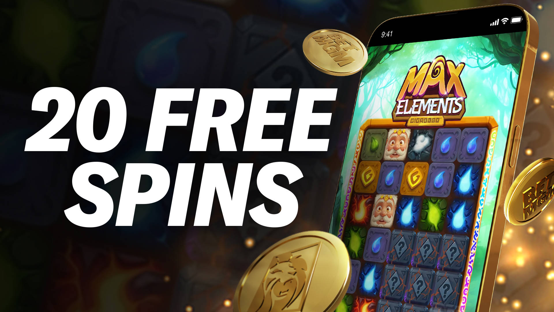 20 Free Spins promotion with a mobile game featuring the Max Elements slot.