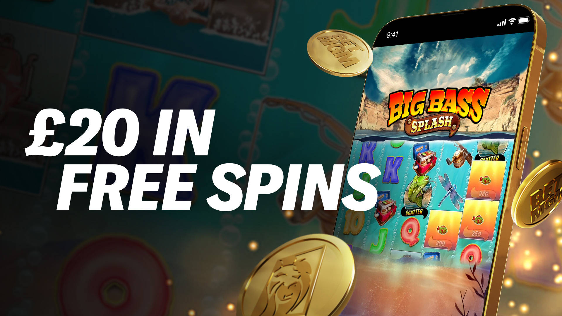 £20 in Free Spins offer on a mobile slot game, Big Bass Splash.