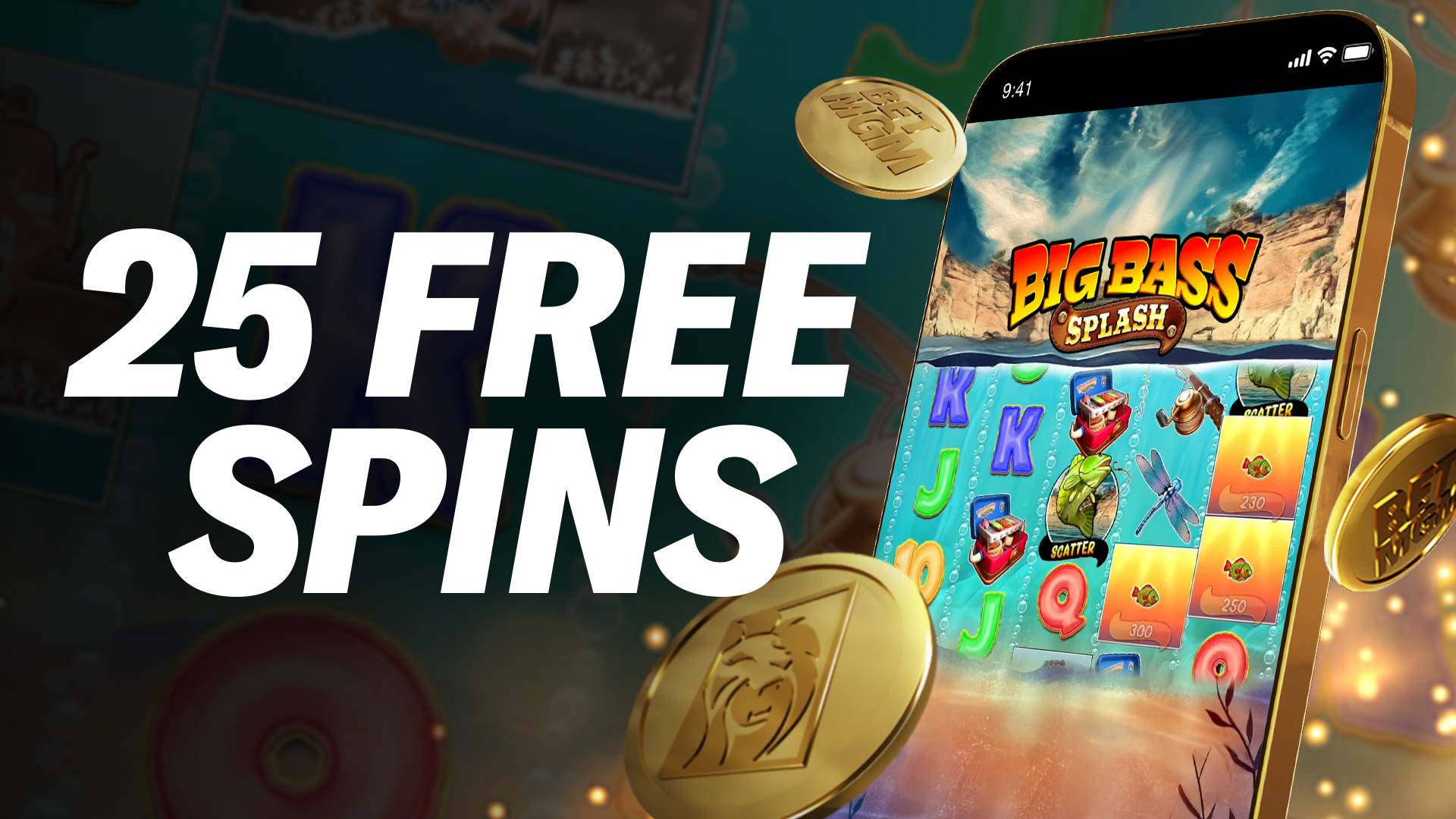 25 Free Spins promotion for the Big Bass Splash slot game on a mobile device.